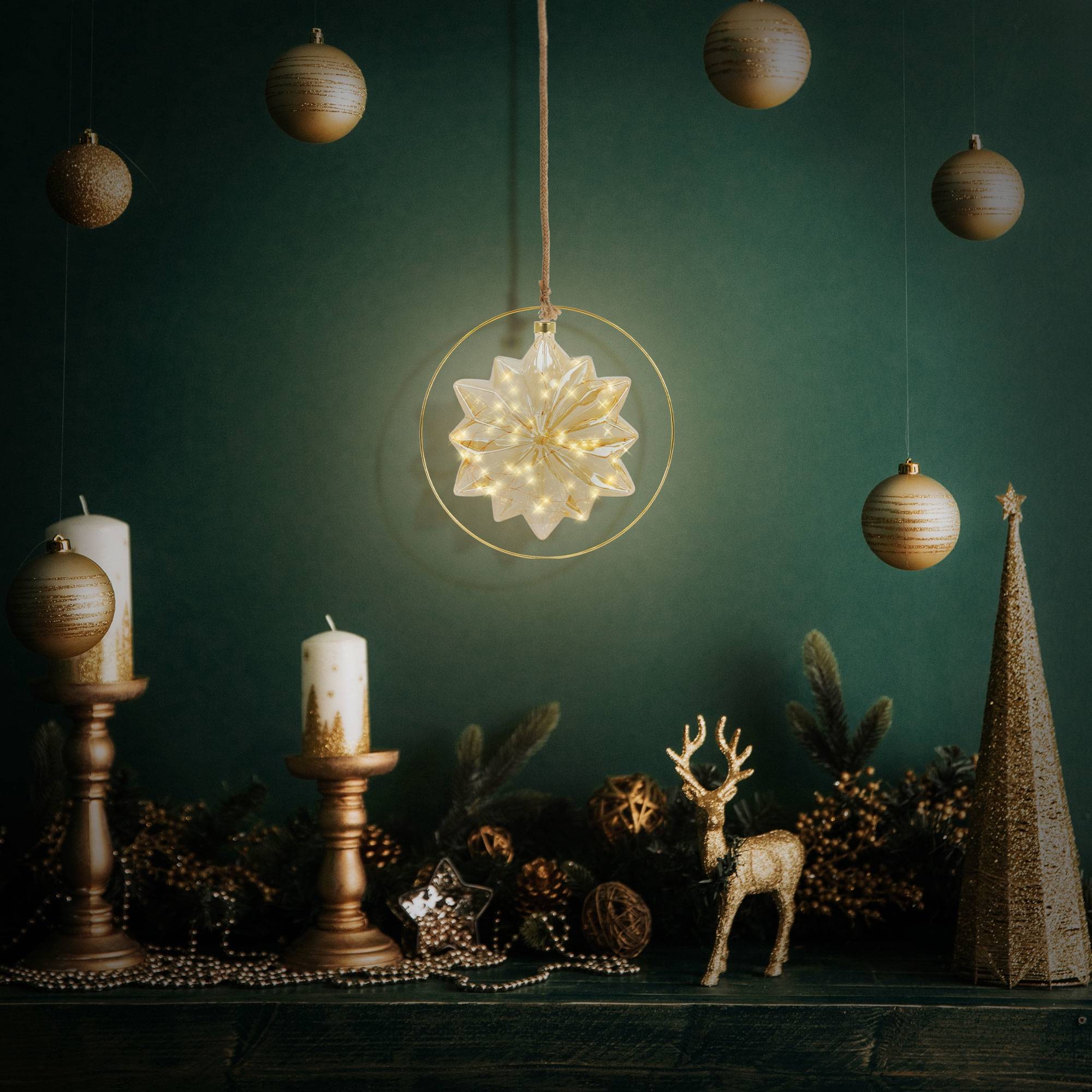 Ecd-Germany - Étoile de Noël LED décoration verre/métal doré étoile lumineuse suspendue Ø18 cm - Imagen 7