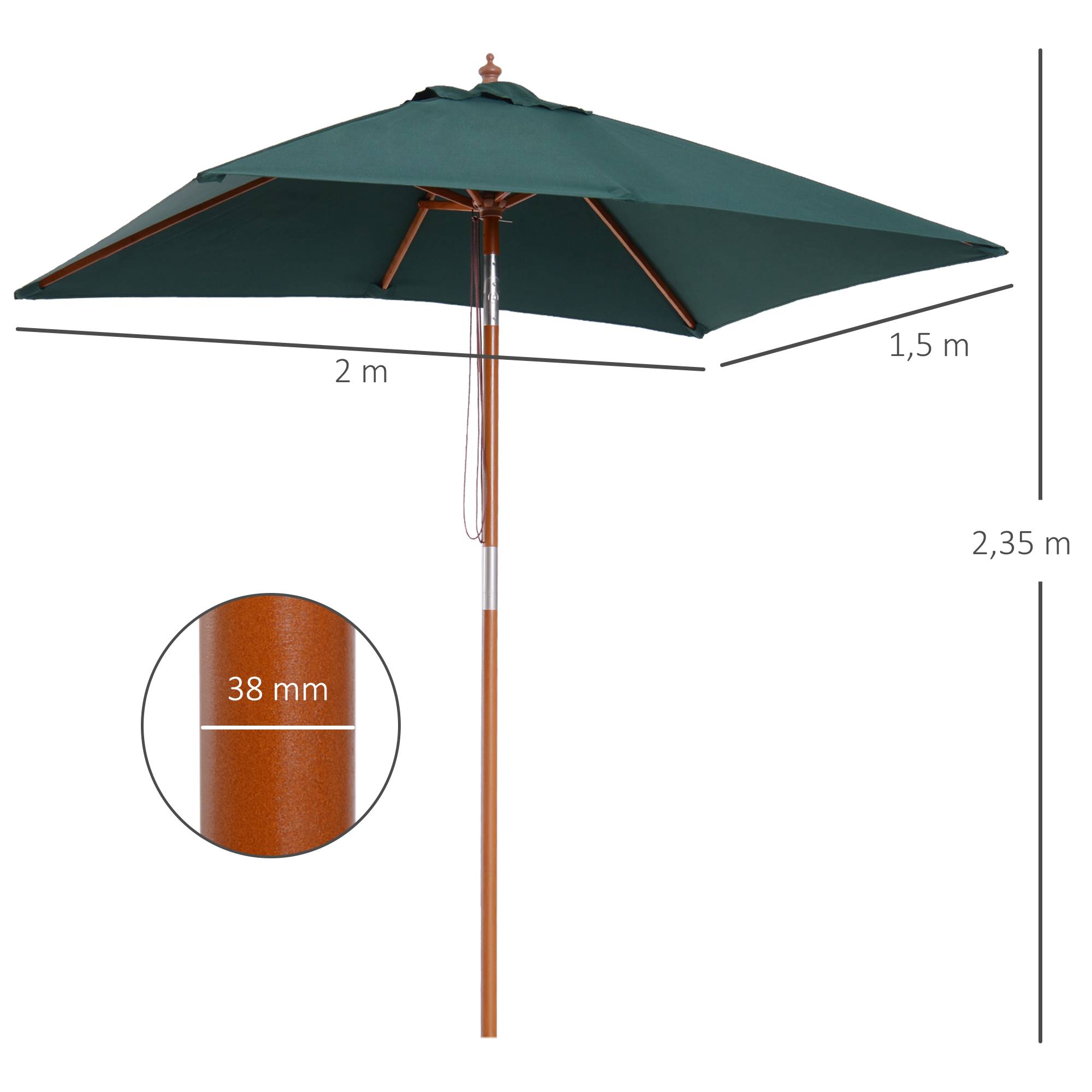 Parasol de jardin Bois Vert 200x150x235 cm - Image 5