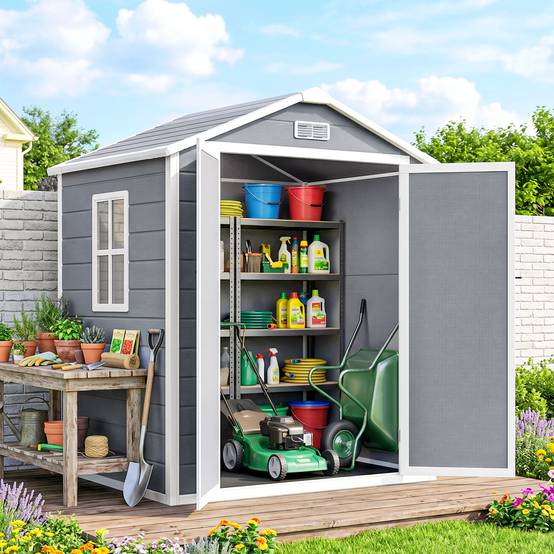 Sans Marque - Abri jardin cabanon résine polypropylène 2,12m² 2 portes 1 fenêtre 1 grille aération toit pignon gris - Image 3