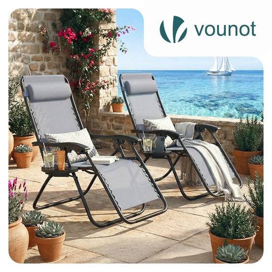 Chaise longue inclinable en textilene avec porte gobelet et portable gris Lot de 2 - Image 2