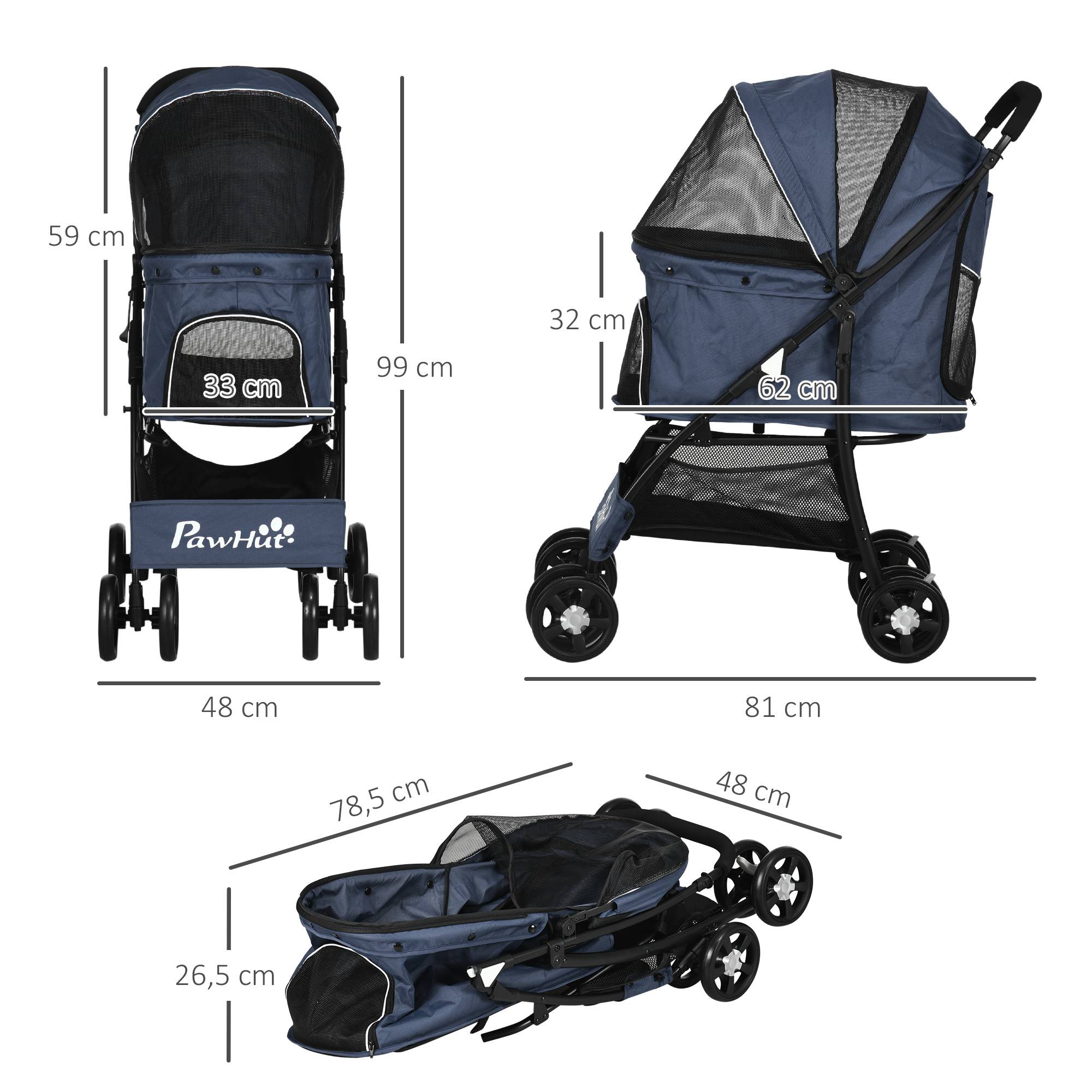 Poussette pour chien pliable avec coussin 4 roues polyester bleu 81 x 48 x 99 cm - PANGIVO - Image 3