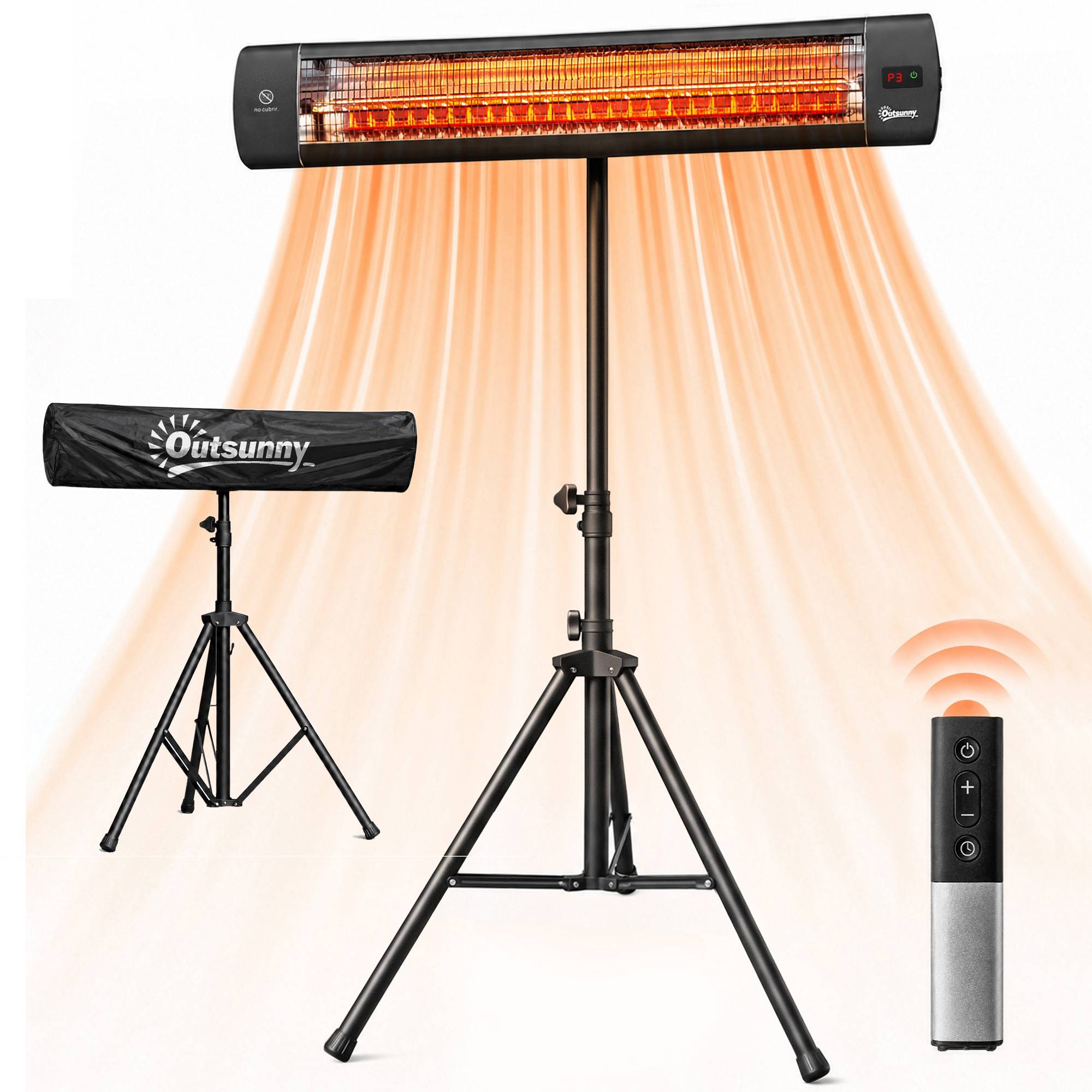 Radiateur infrarouge sur pied IP65, télécommande, minuterie, niveaux ajustables, hauteur réglable, finition noire - Image 1