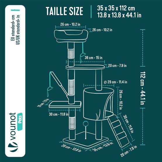 Vounot - Arbre à chat 112cm multi niveaux marron - avec griffoir, niche, jouet et plateforme - arbre à grimper - VOUNOT® - Image 3