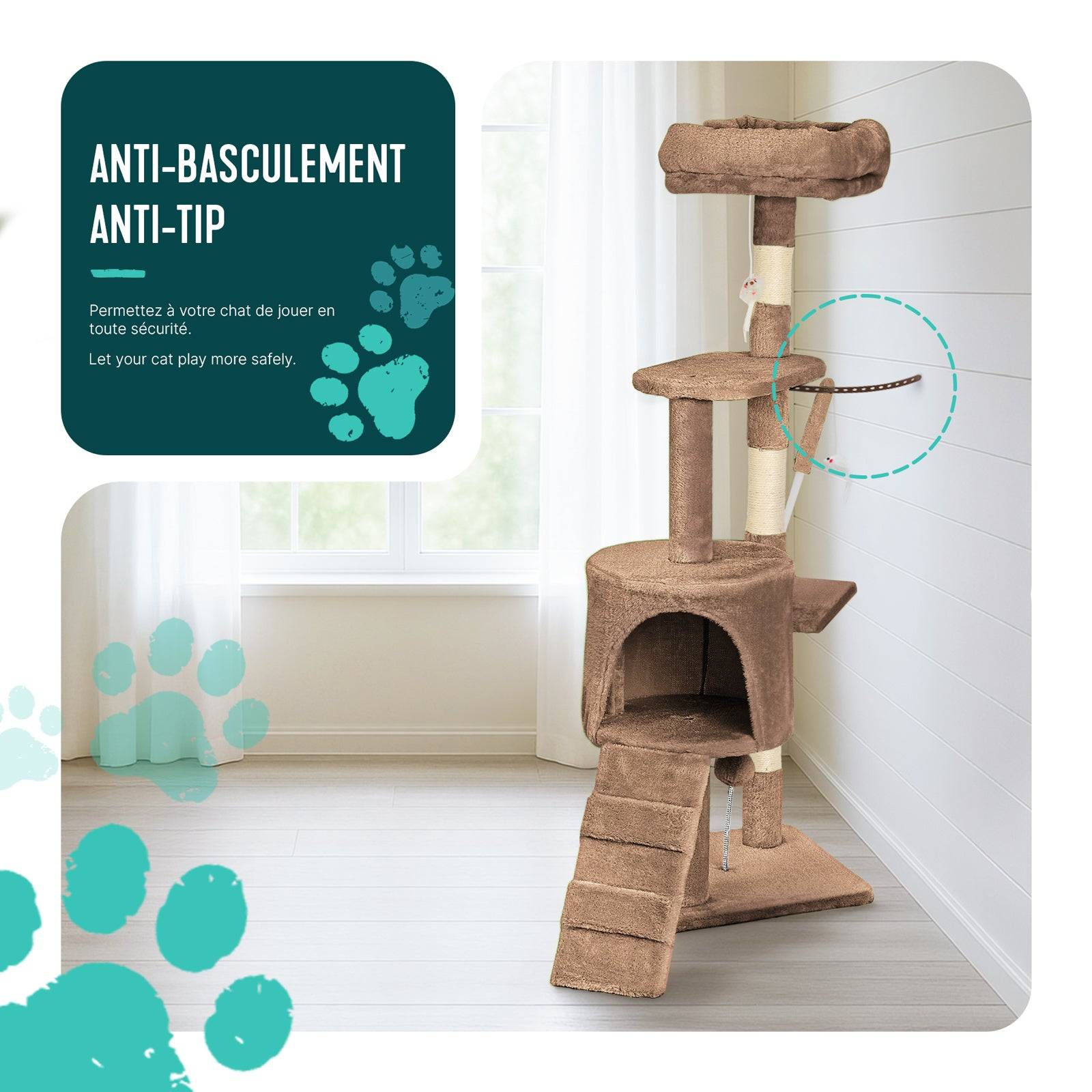 Vounot - Arbre à chat 112cm multi niveaux marron - avec griffoir, niche, jouet et plateforme - arbre à grimper - VOUNOT® - Image 4