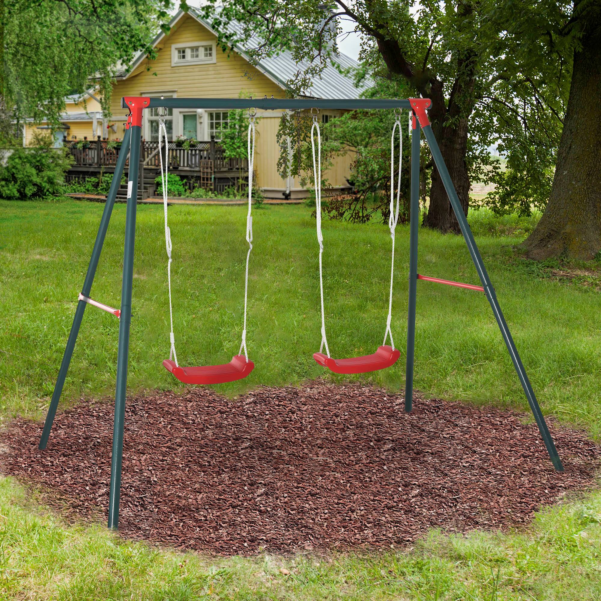 Balançoire double enfant +3 ans support métallique, corde ajustable extérieur, charge max 40 kg, 239×156×180 cm, vert rouge