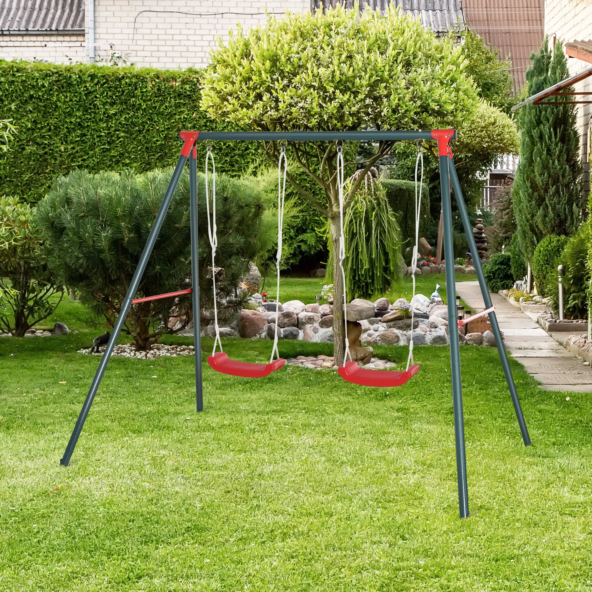 Balançoire double enfant +3 ans support métallique, corde ajustable extérieur, charge max 40 kg, 239×156×180 cm, vert rouge - Image 2