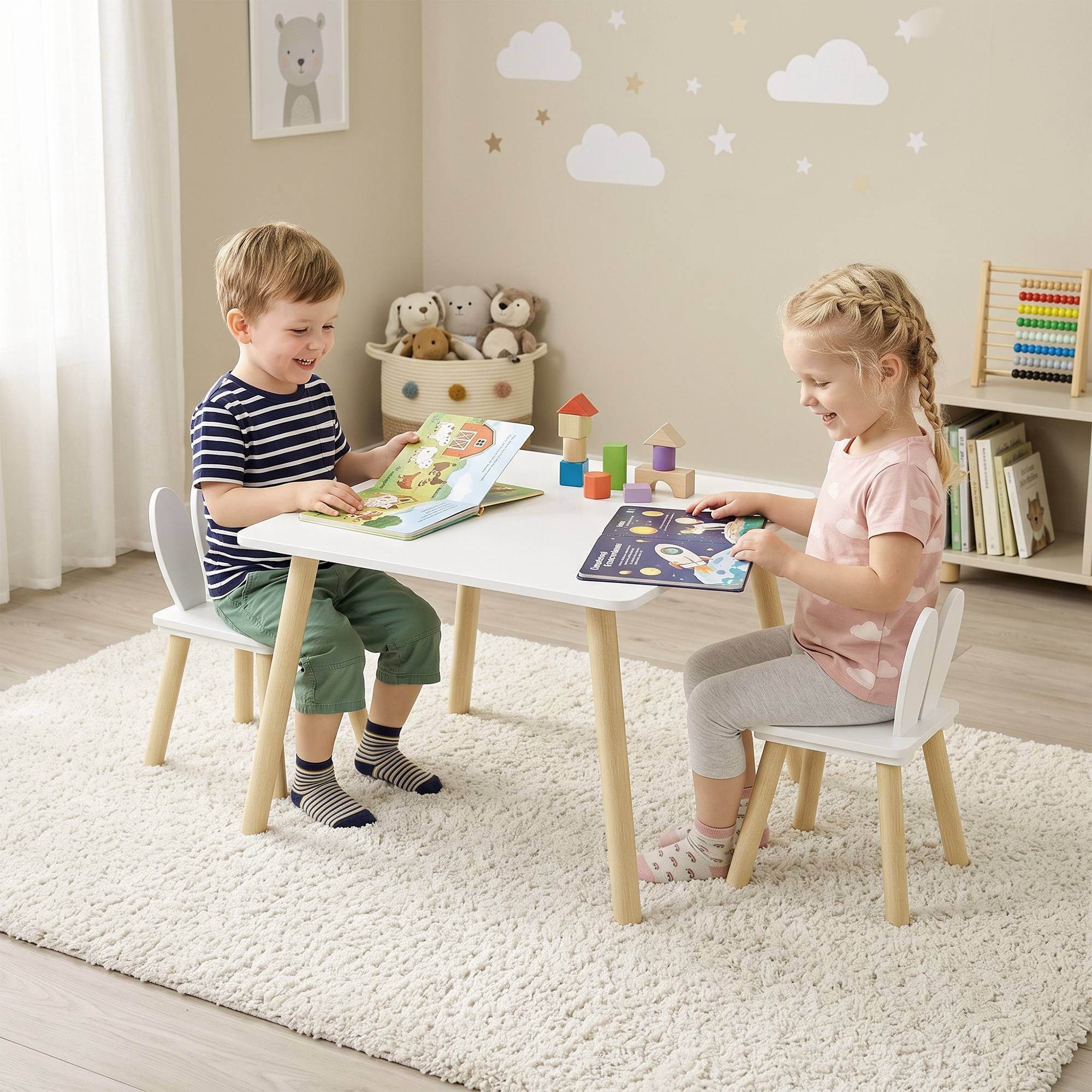 Table enfant avec chaises dossier oreilles lapin, pour crèche salle de jeu, blanc - Image 4