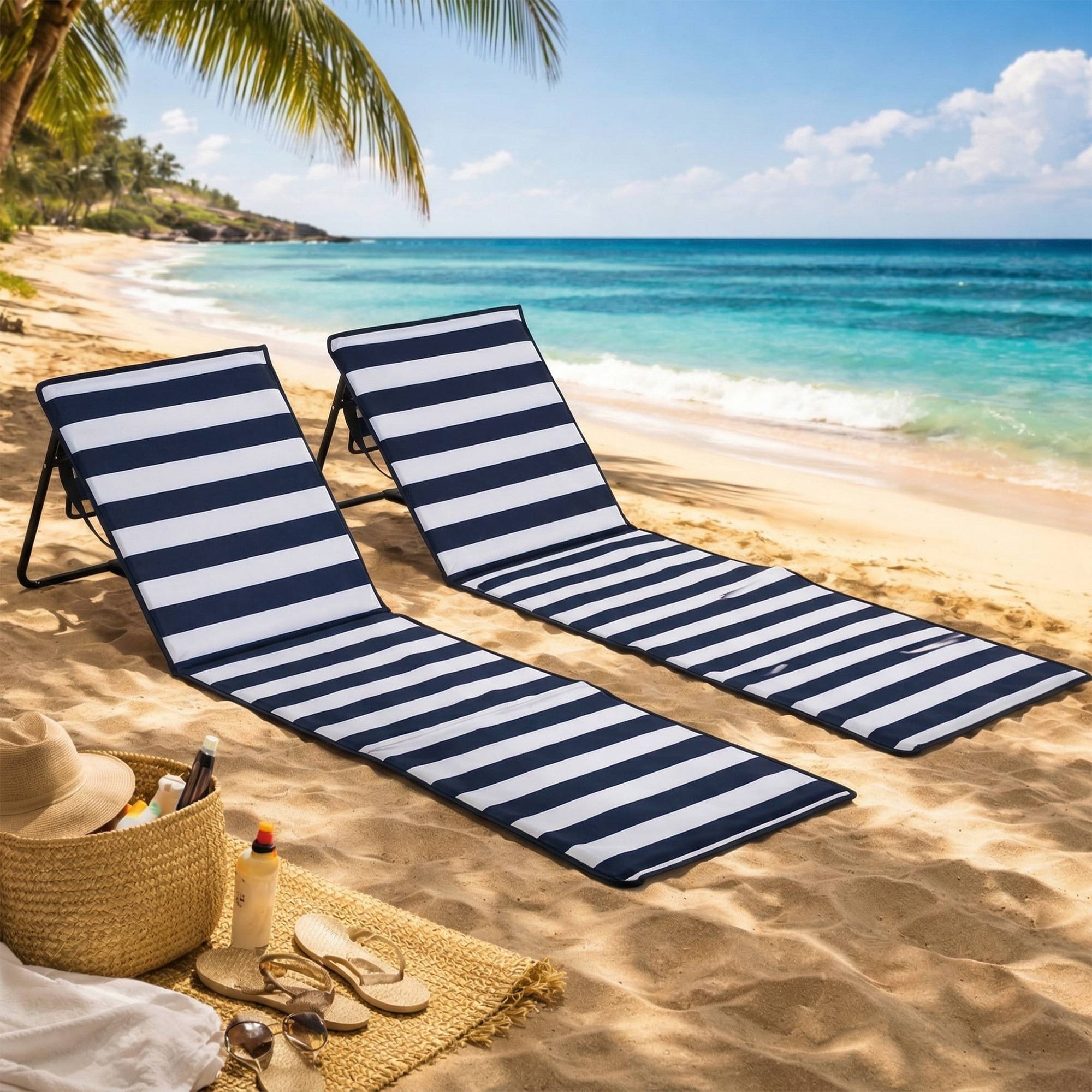 Transat de plage pliable avec dossier réglable, sangle de transport, rembourrage moelleux, structure en acier, bleu et blanc, 142 x 51 x 40 cm - Image 3