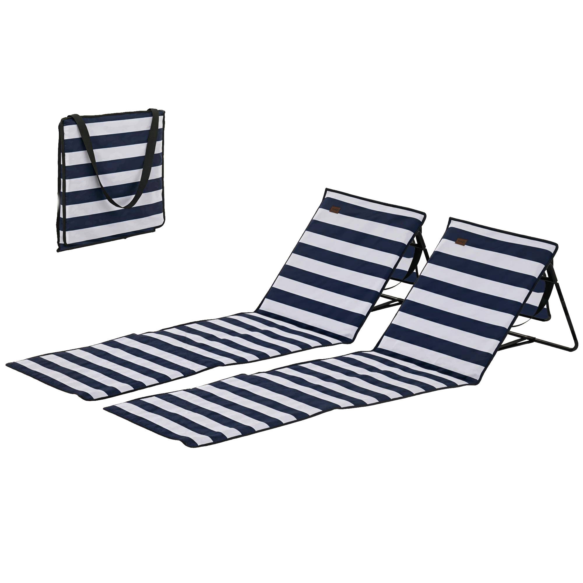 Transat de plage pliable avec dossier réglable, sangle de transport, rembourrage moelleux, structure en acier, bleu et blanc, 142 x 51 x 40 cm - Image 2