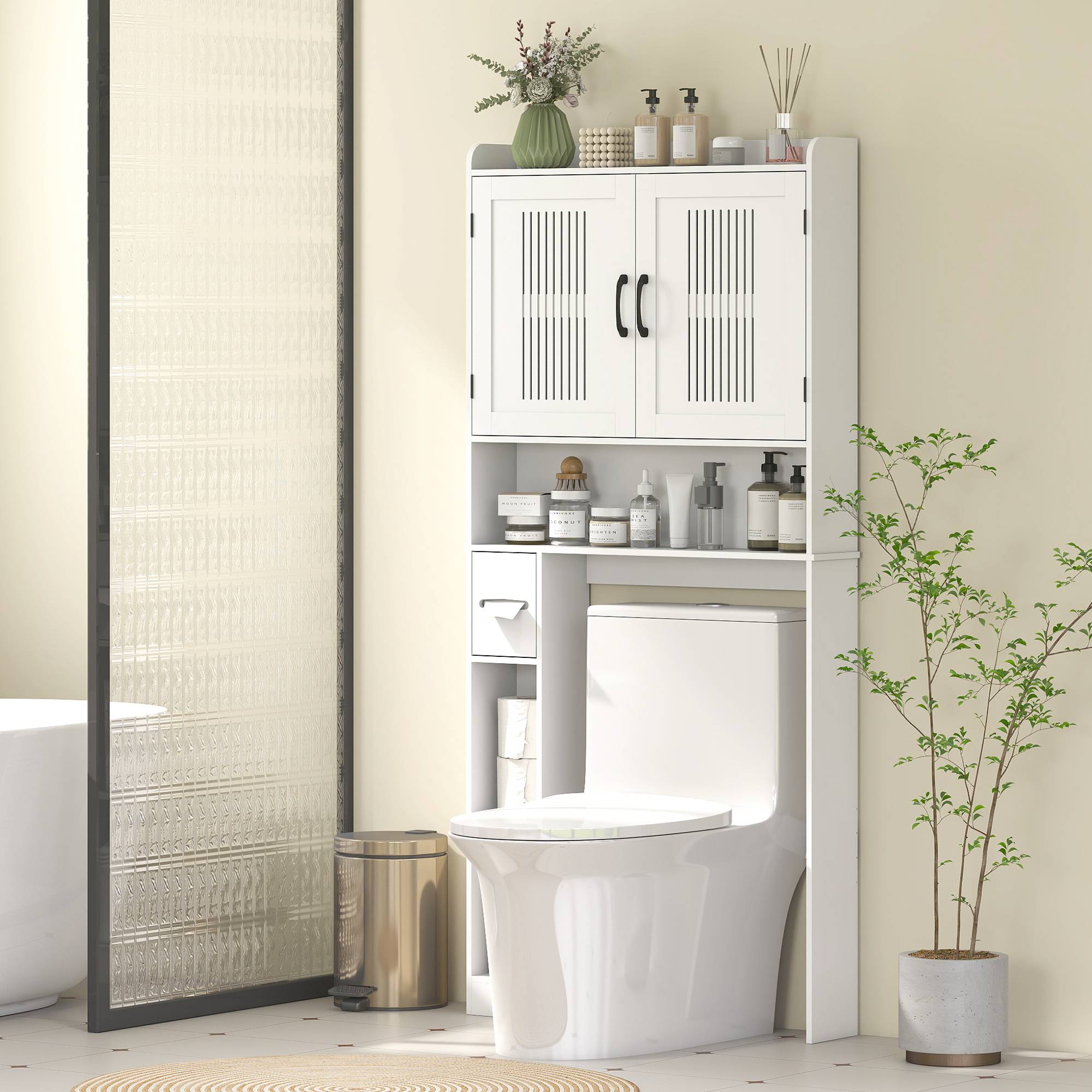 Sans Marque - Meuble WC dessus toilette meuble salle bain placard porte double porte-papier 80x19,5x170cm blanc - Image 4