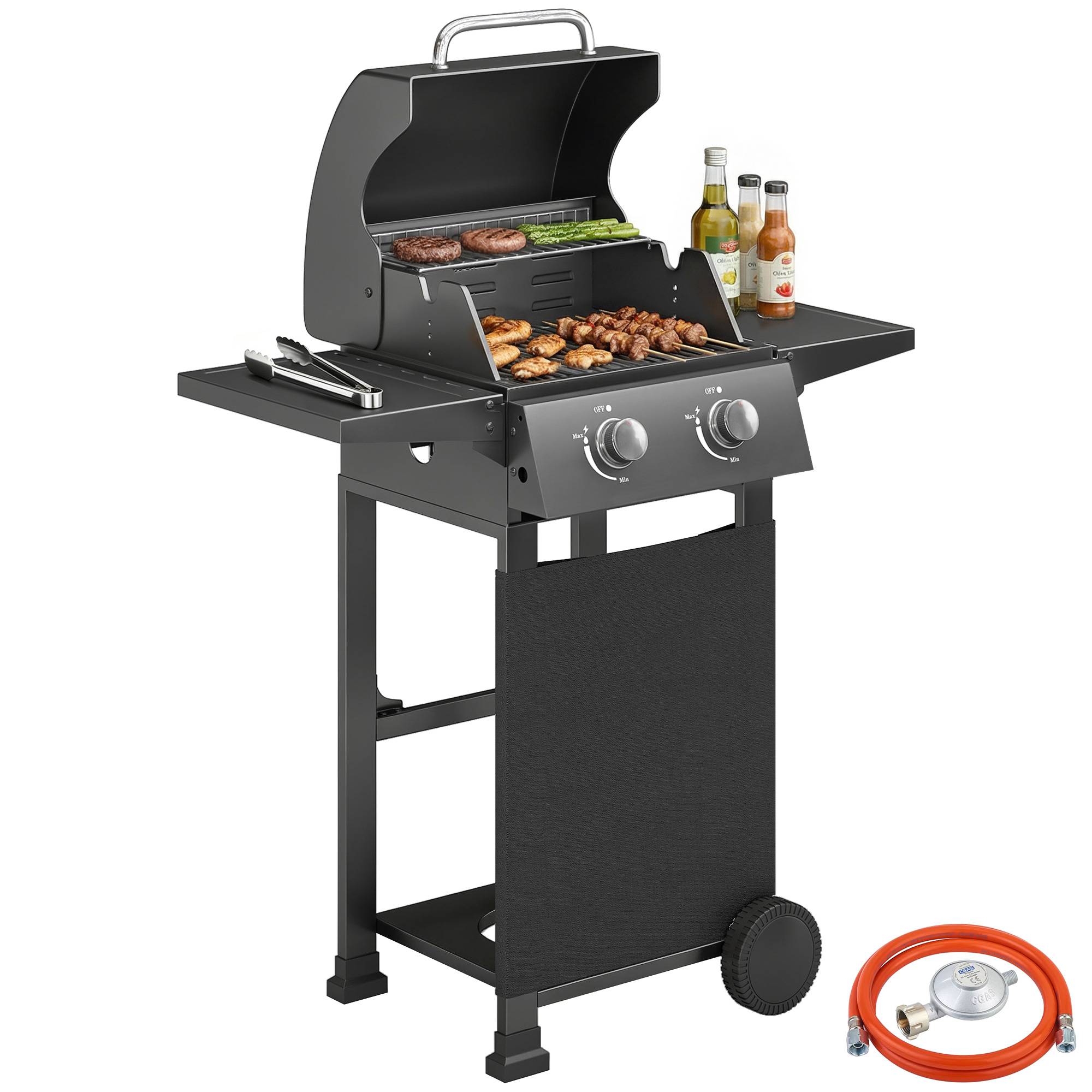 Barbecue à gaz propane à 2 brûleurs, portable, avec thermomètre, noir - Image 1