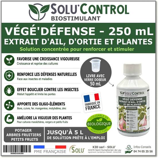 Tout pour les nuisibles - Biostimulant Concentré à l'Extrait d'Ail, d'Ortie et de Plantes Solu'Control Vége'Défense – 250 ml – Renforce les Défenses Naturelles des Plantes - Image 1