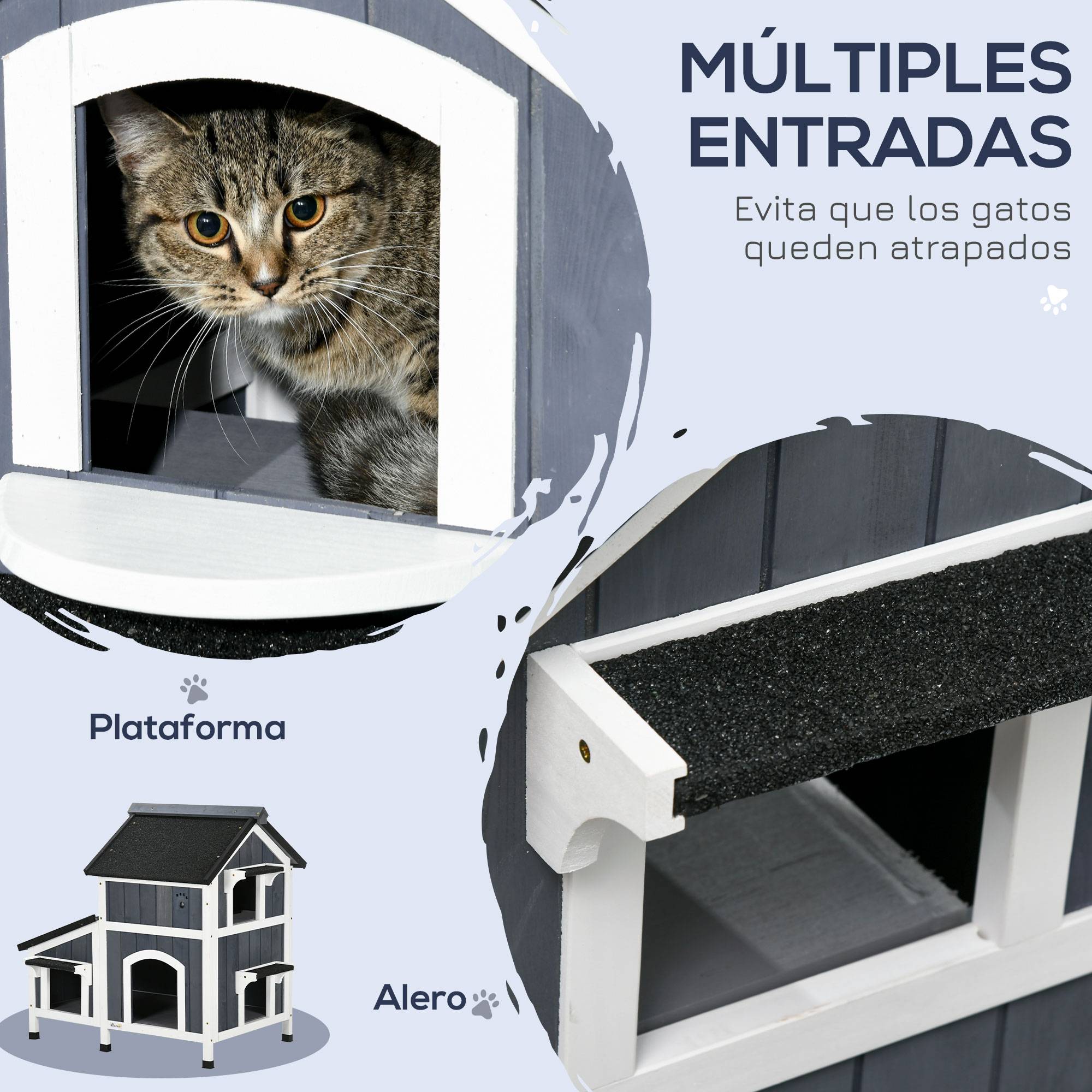 Niche extérieure en bois pour chat, abri à deux niveaux, 96 x 65 x 85,5 cm, grise - Image 6
