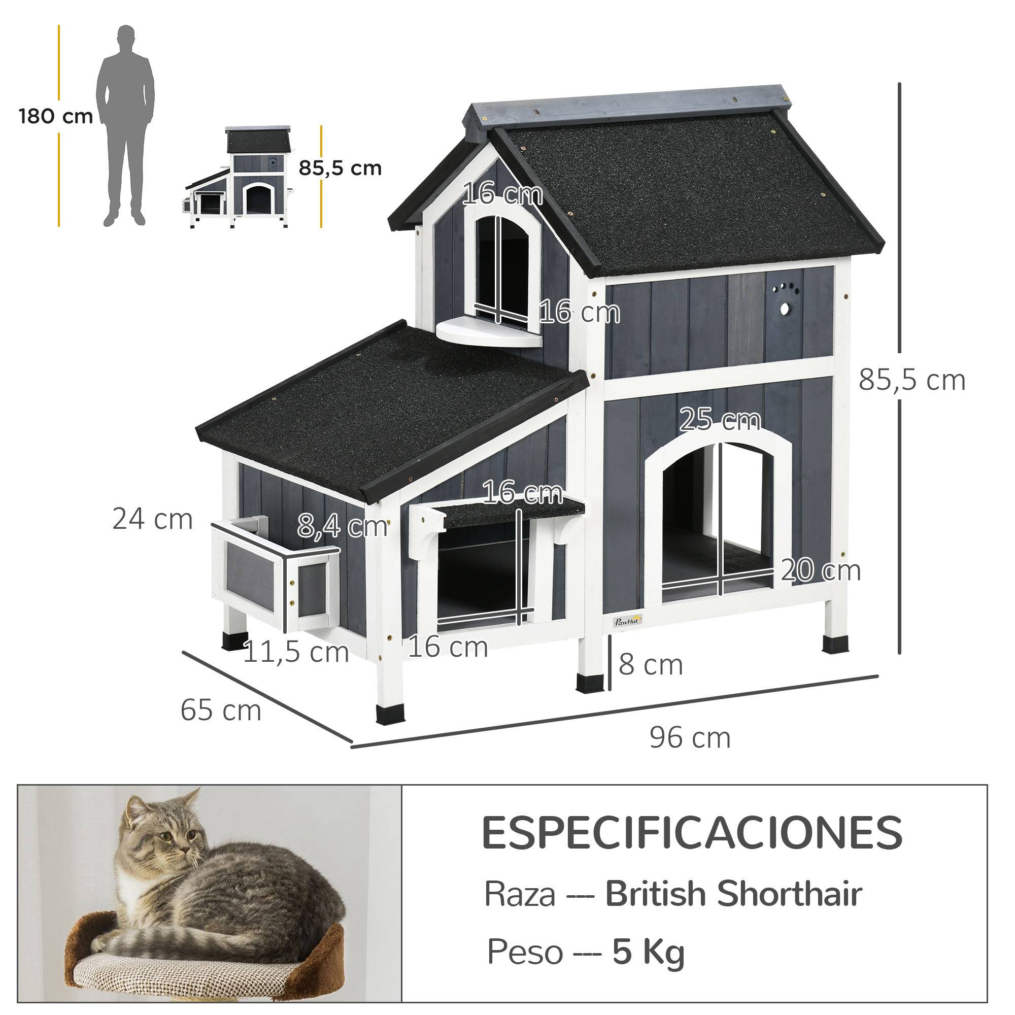 Niche extérieure en bois pour chat, abri à deux niveaux, 96 x 65 x 85,5 cm, grise - Image 5