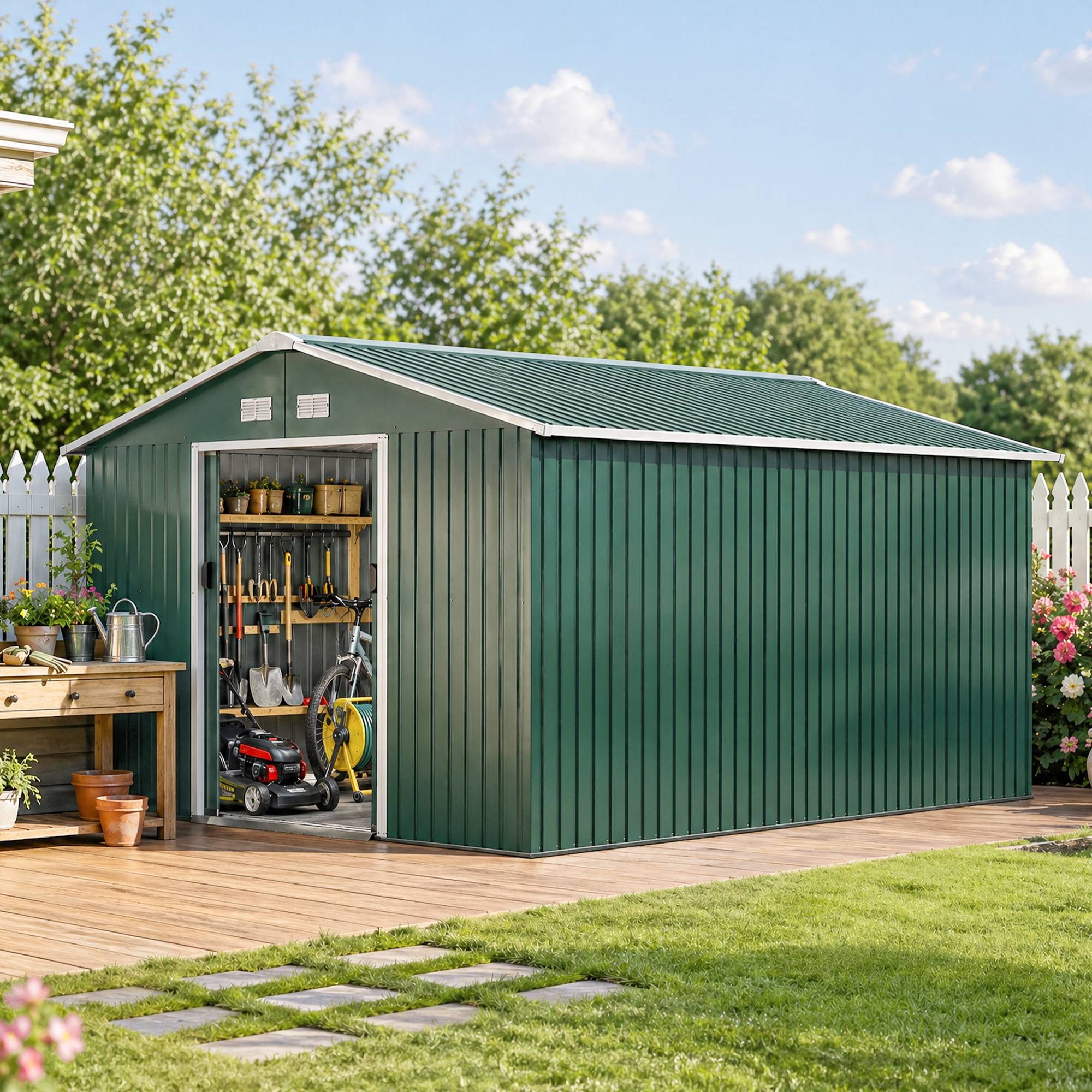 Abri de jardin étanche pour outils de jardin, avec fenêtres d'aération, portes coulissantes, en acier, vert foncé - Image 3