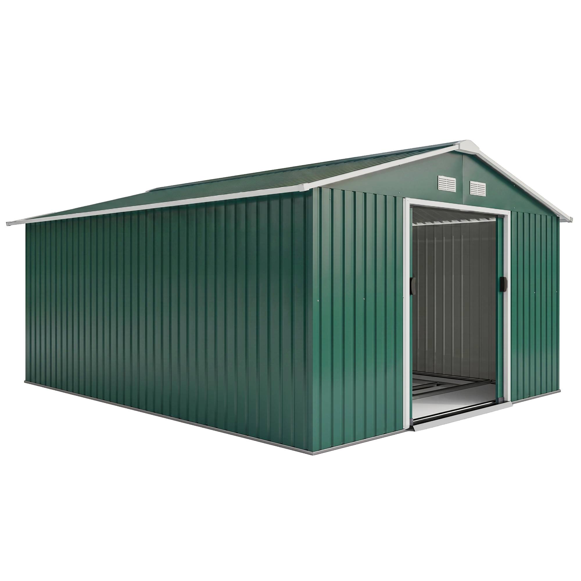Abri de jardin étanche pour outils de jardin, avec fenêtres d'aération, portes coulissantes, en acier, vert foncé