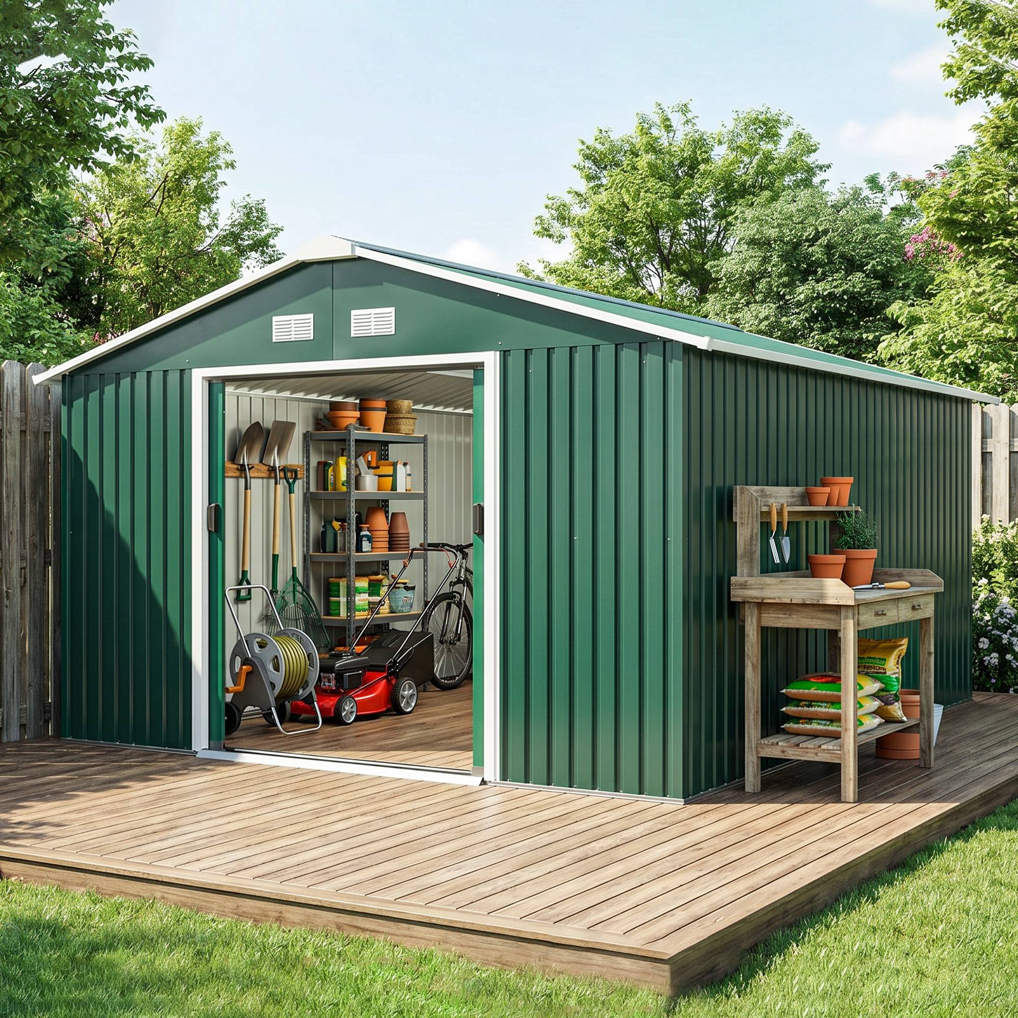Abri de jardin étanche pour outils de jardin, avec fenêtres d'aération, portes coulissantes, en acier, vert foncé - Image 4