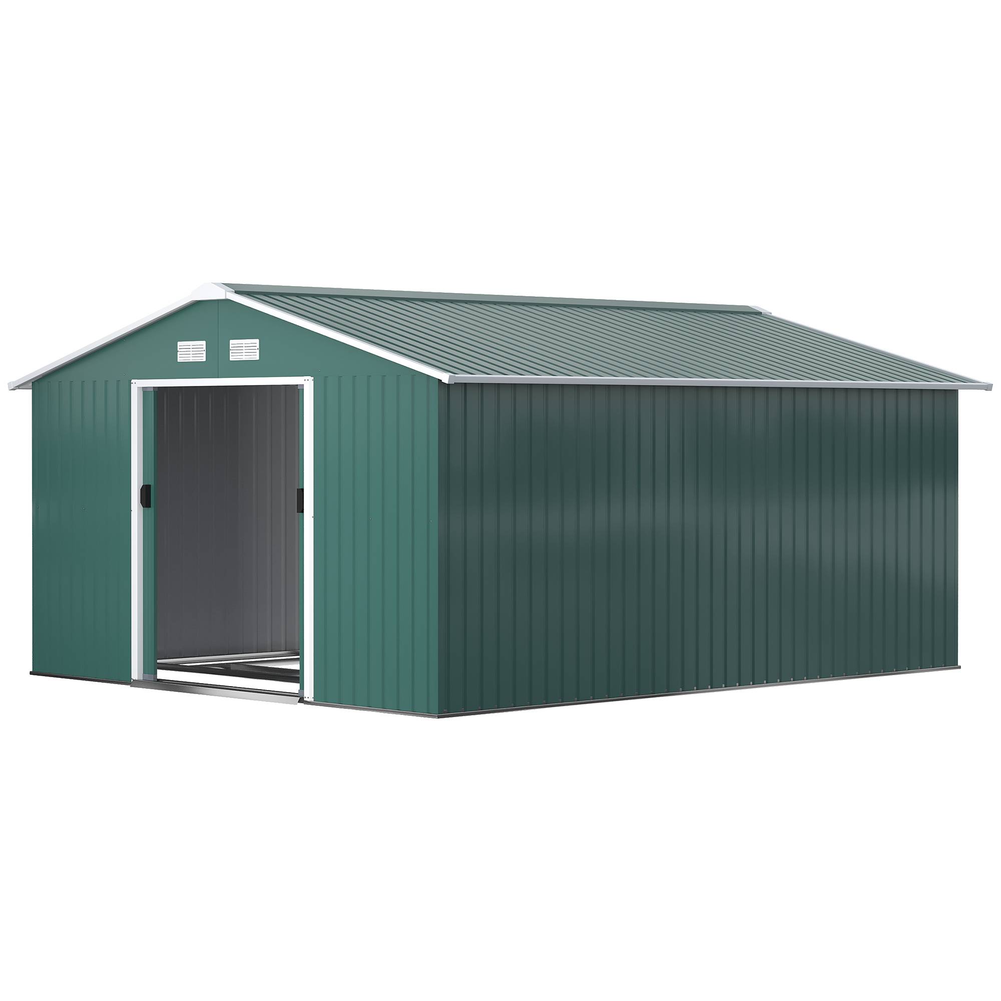 Abri de jardin étanche pour outils de jardin, avec fenêtres d'aération, portes coulissantes, en acier, vert foncé - Image 2