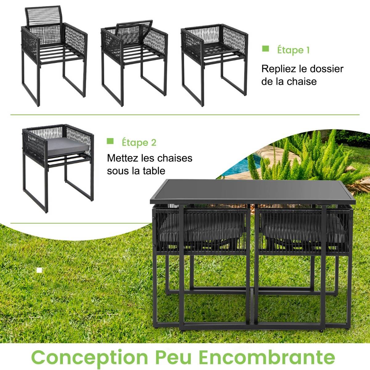 Salon de Jardin 3PCS Rotin PE Anti Soleil Dossier AMOVIBLE Pateau en Verre Trempé Cadre en Métal Style Urbain  Gris - Image 7