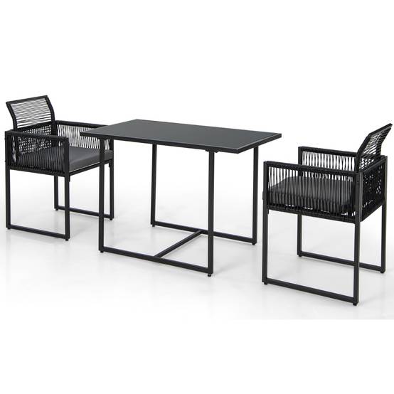 Salon de Jardin 3PCS Rotin PE Anti Soleil Dossier AMOVIBLE Pateau en Verre Trempé Cadre en Métal Style Urbain Gris - Image 1