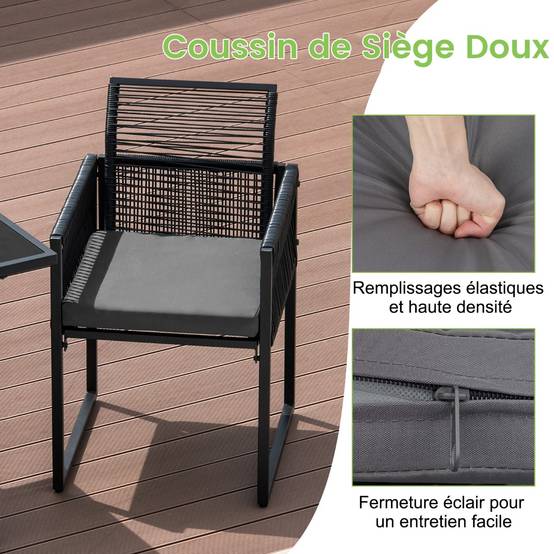 Salon de Jardin 3PCS Rotin PE Anti Soleil Dossier AMOVIBLE Pateau en Verre Trempé Cadre en Métal Style Urbain Gris - Image 5