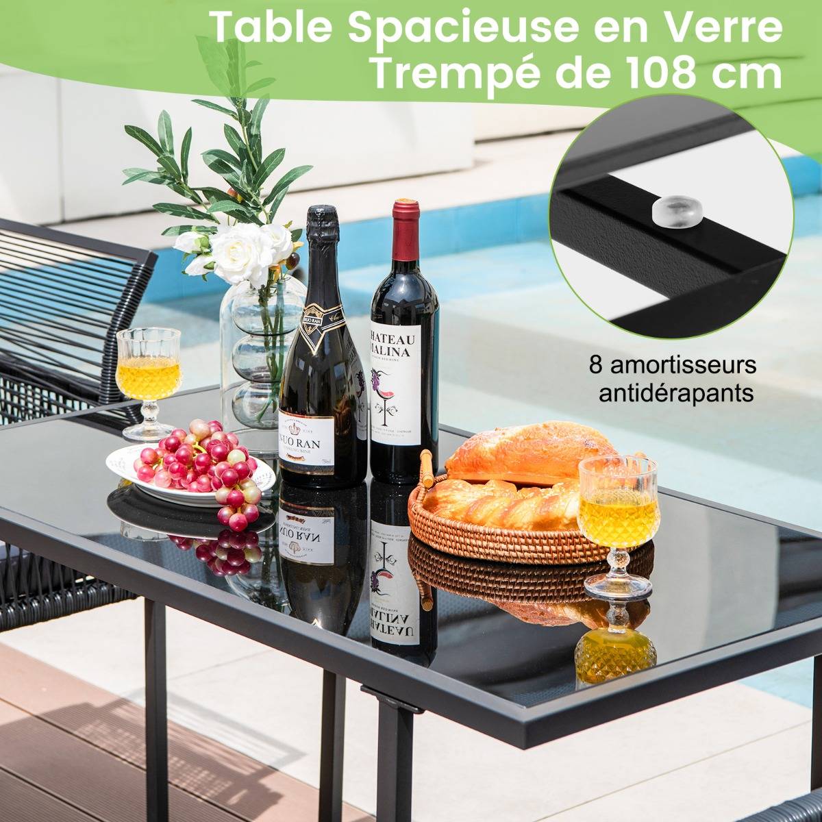 Salon de Jardin 3PCS Rotin PE Anti Soleil Dossier AMOVIBLE Pateau en Verre Trempé Cadre en Métal Style Urbain  Gris - Image 6