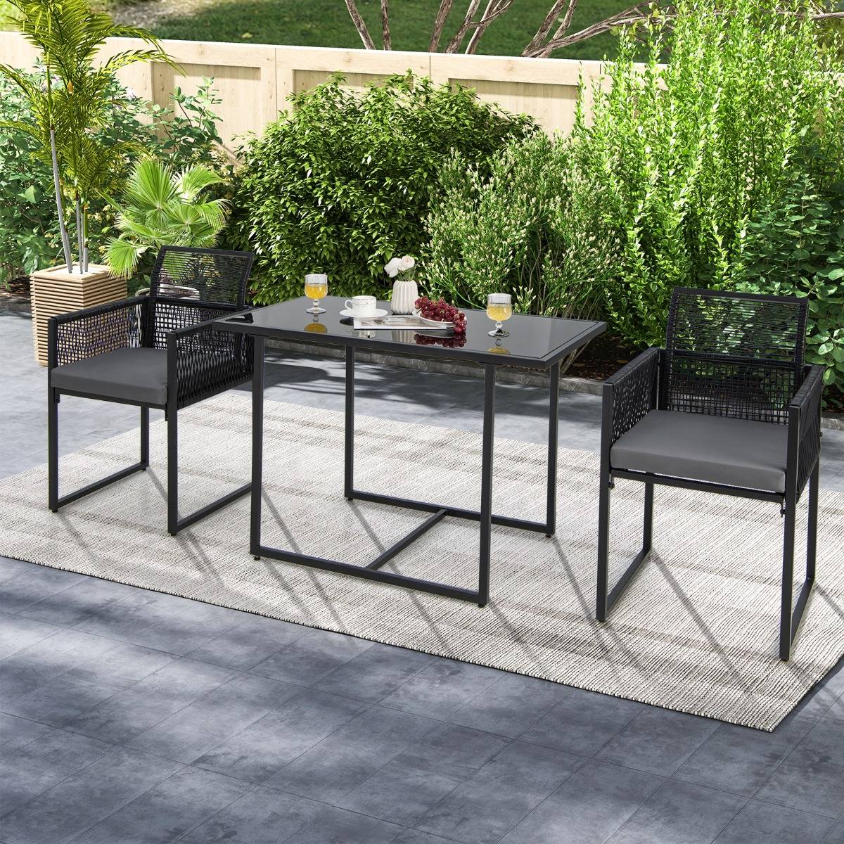 Salon de Jardin 3PCS Rotin PE Anti Soleil Dossier AMOVIBLE Pateau en Verre Trempé Cadre en Métal Style Urbain  Gris - Image 3