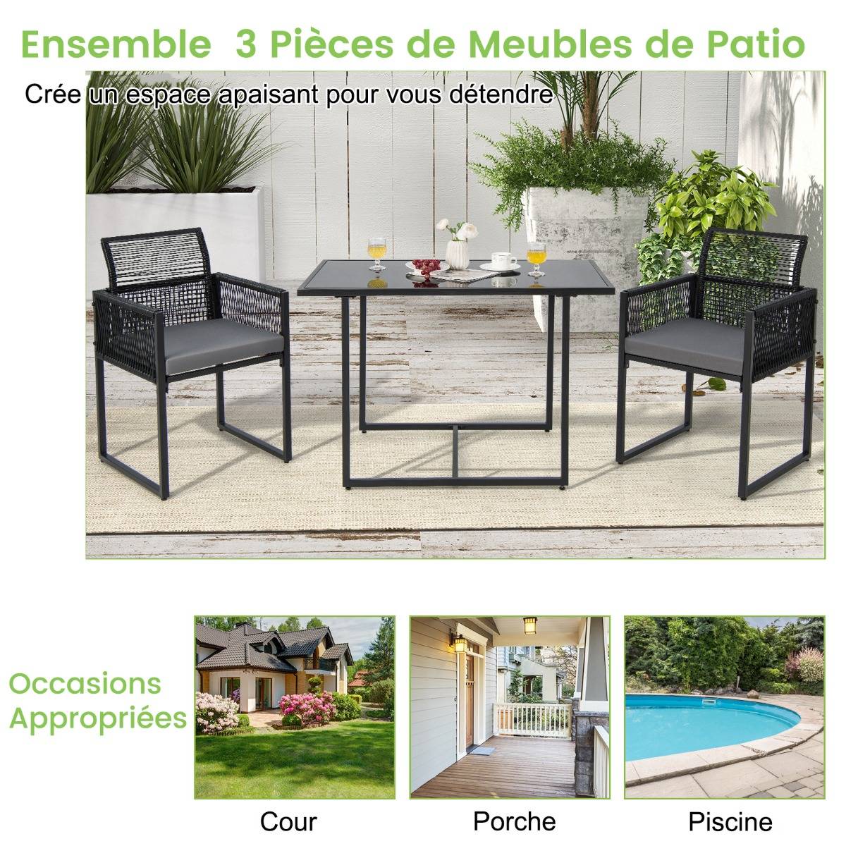 Salon de Jardin 3PCS Rotin PE Anti Soleil Dossier AMOVIBLE Pateau en Verre Trempé Cadre en Métal Style Urbain  Gris - Image 8