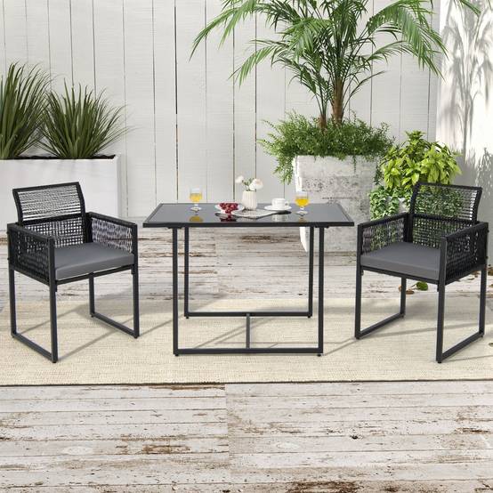 Salon de Jardin 3PCS Rotin PE Anti Soleil Dossier AMOVIBLE Pateau en Verre Trempé Cadre en Métal Style Urbain Gris - Image 2