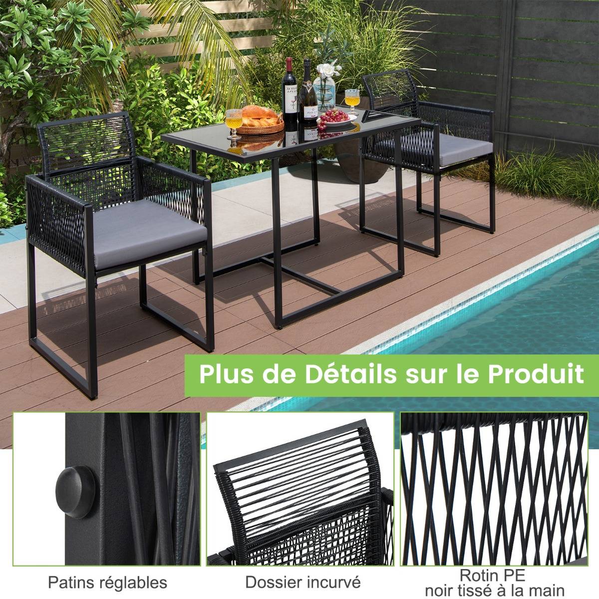 Salon de Jardin 3PCS Rotin PE Anti Soleil Dossier AMOVIBLE Pateau en Verre Trempé Cadre en Métal Style Urbain  Gris - Image 4