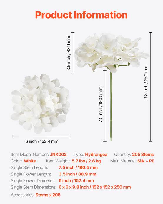 VEVOR Hortensia artificiel lot de 205, 250mm. Aspect réaliste, tête 152mm. Décoration intérieure, fêtes. Blanc. - Image 7