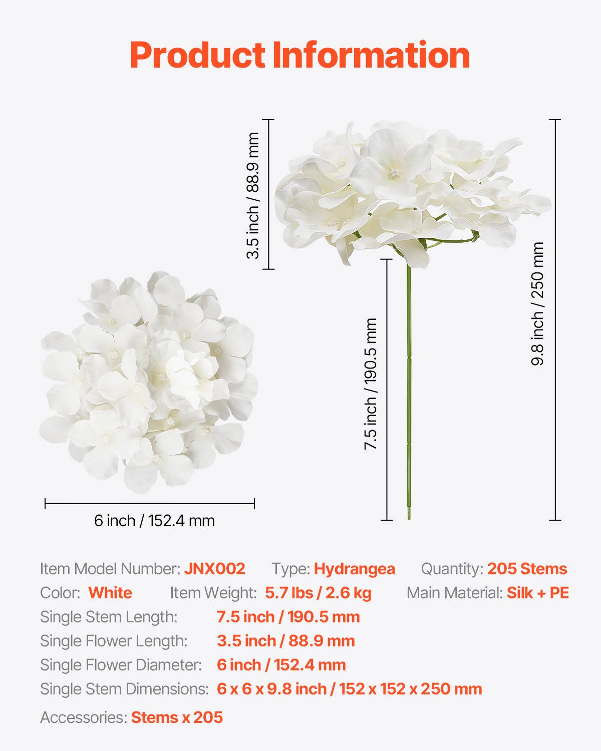 VEVOR Hortensia artificiel lot de 205, 250mm. Aspect réaliste, tête 152mm. Décoration intérieure, fêtes. Blanc. - Image 7