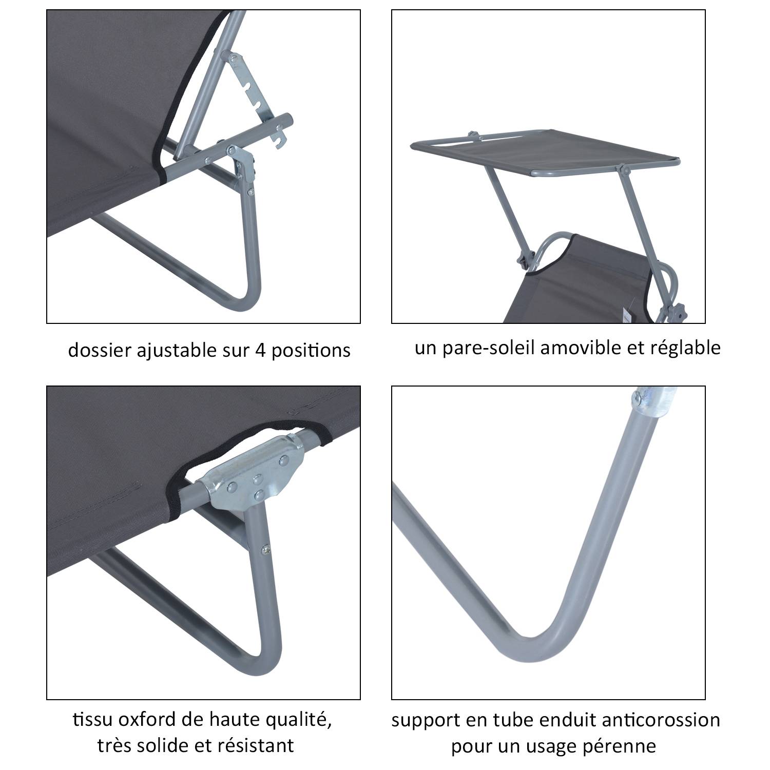 Outsunny - Transat bain de soleil pliable grand confort dossier et pare-soleil réglable multi-positions gris - Outsunny - Imagen 6