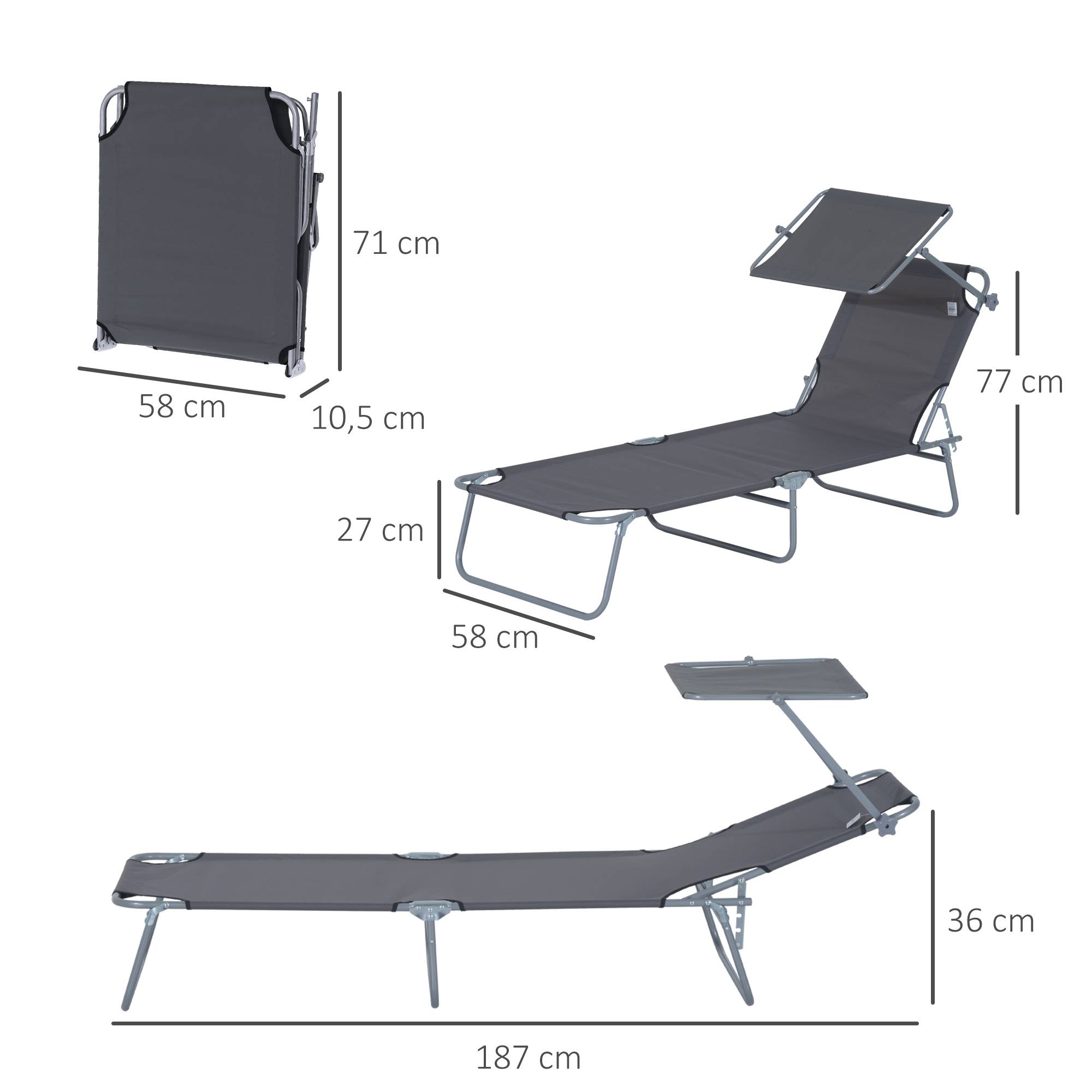 Outsunny - Transat bain de soleil pliable grand confort dossier et pare-soleil réglable multi-positions gris - Outsunny - Imagen 3