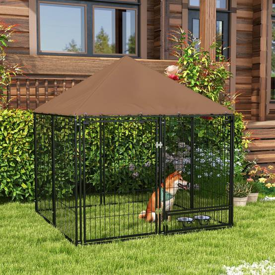 Niche pour chien avec auvent et support à gamelles rotatif, 2 gamelles incluses, 141 x 141 x 151 cm, noire - Image 3