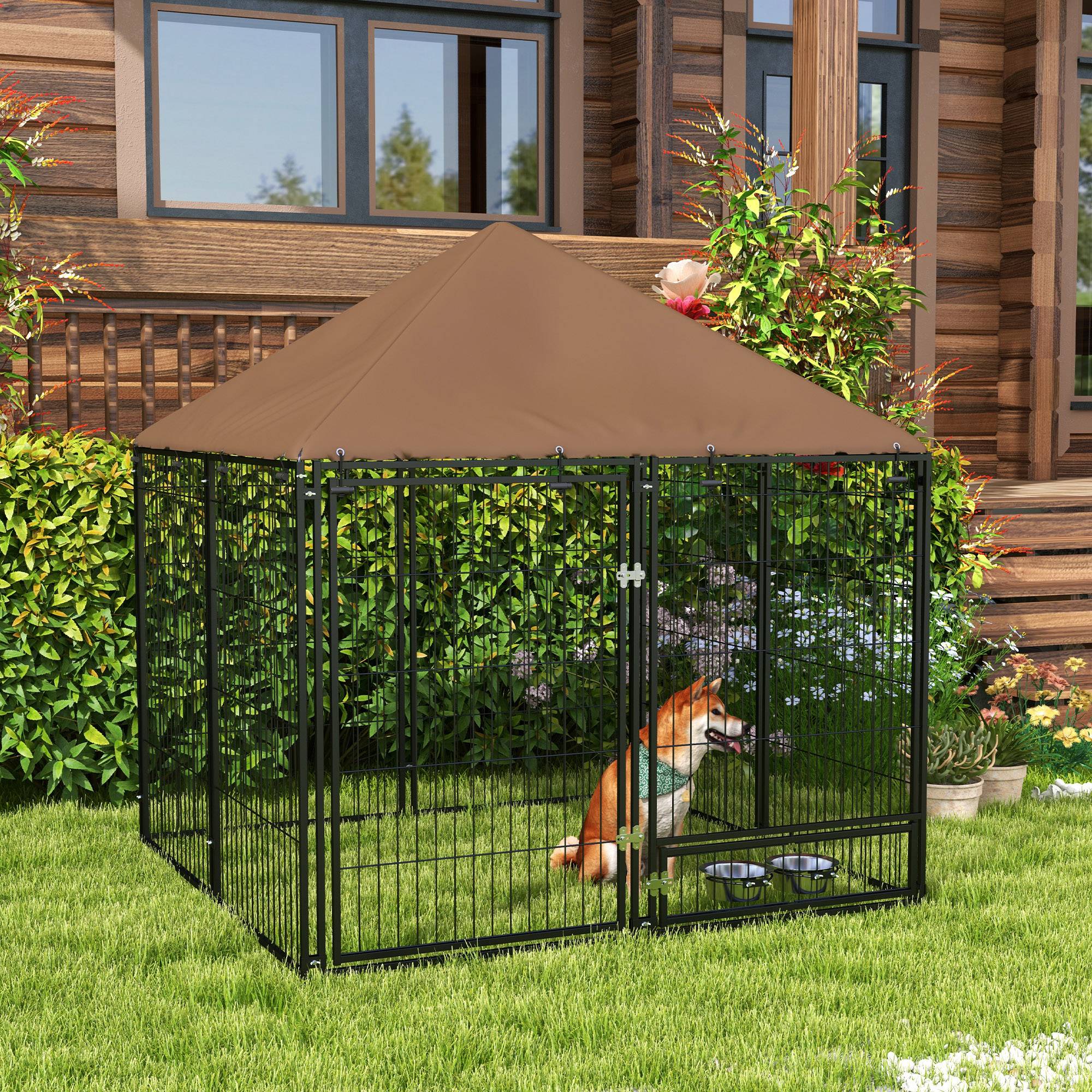 Niche pour chien avec auvent et support à gamelles rotatif, 2 gamelles incluses, 141 x 141 x 151 cm, noire - Image 3