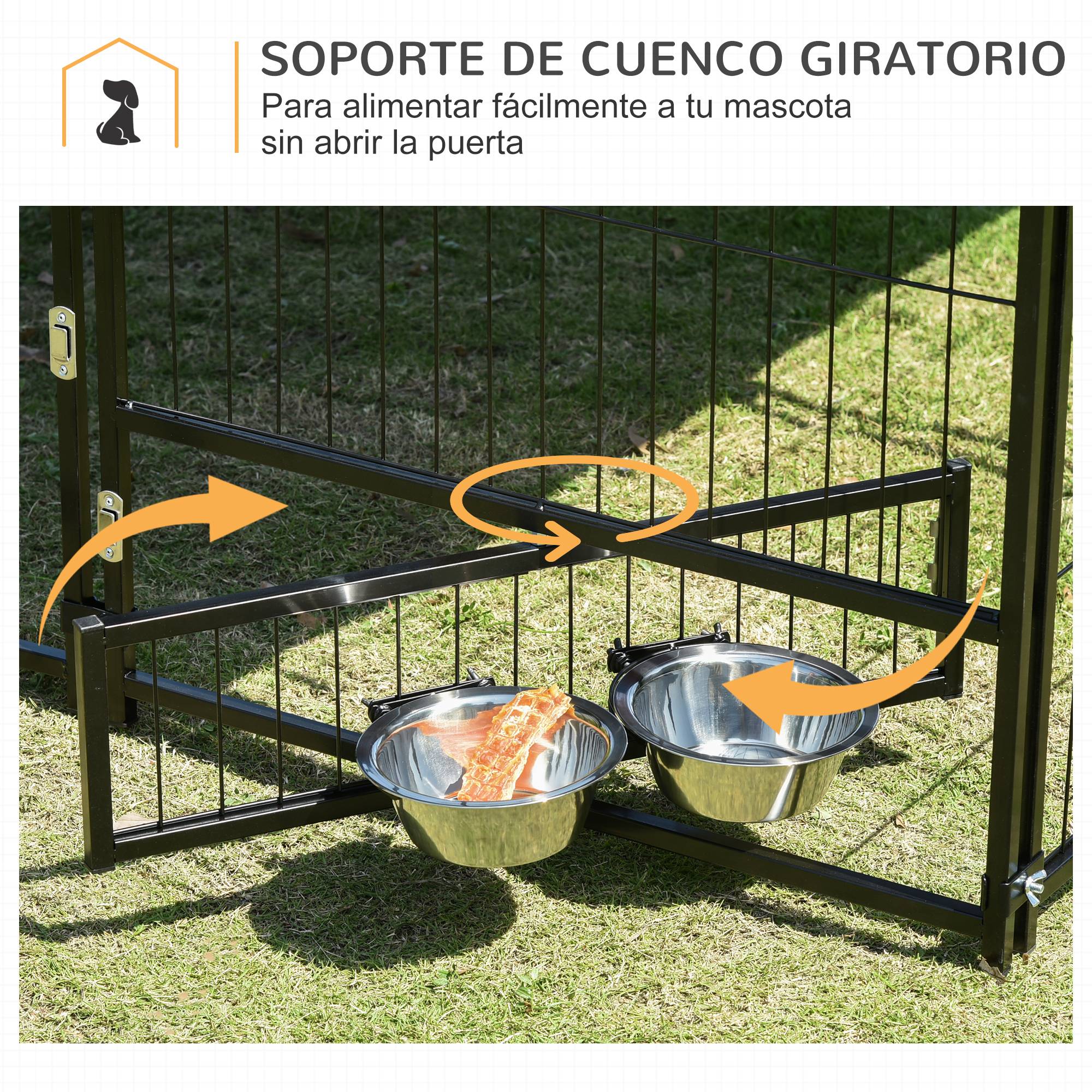 Niche pour chien avec auvent et support à gamelles rotatif, 2 gamelles incluses, 141 x 141 x 151 cm, noire - Image 8