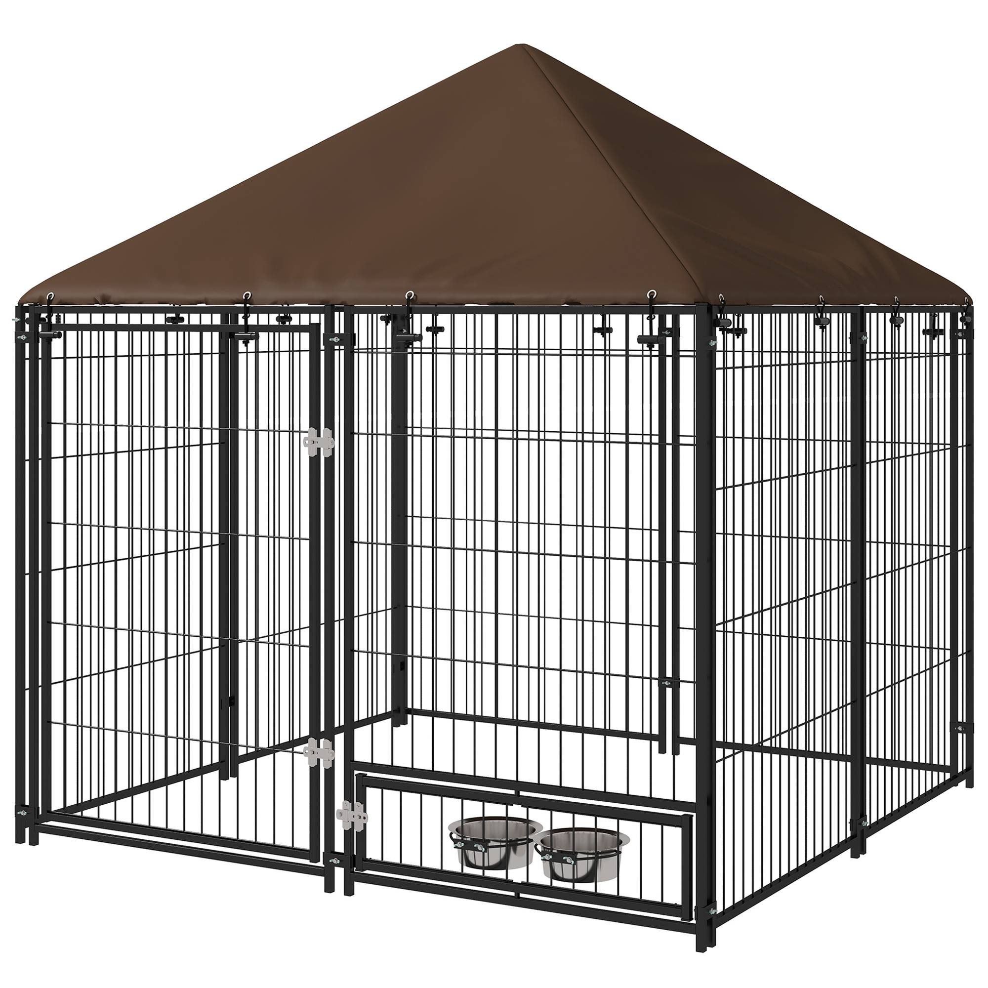 Niche pour chien avec auvent et support à gamelles rotatif, 2 gamelles incluses, 141 x 141 x 151 cm, noire - Image 2