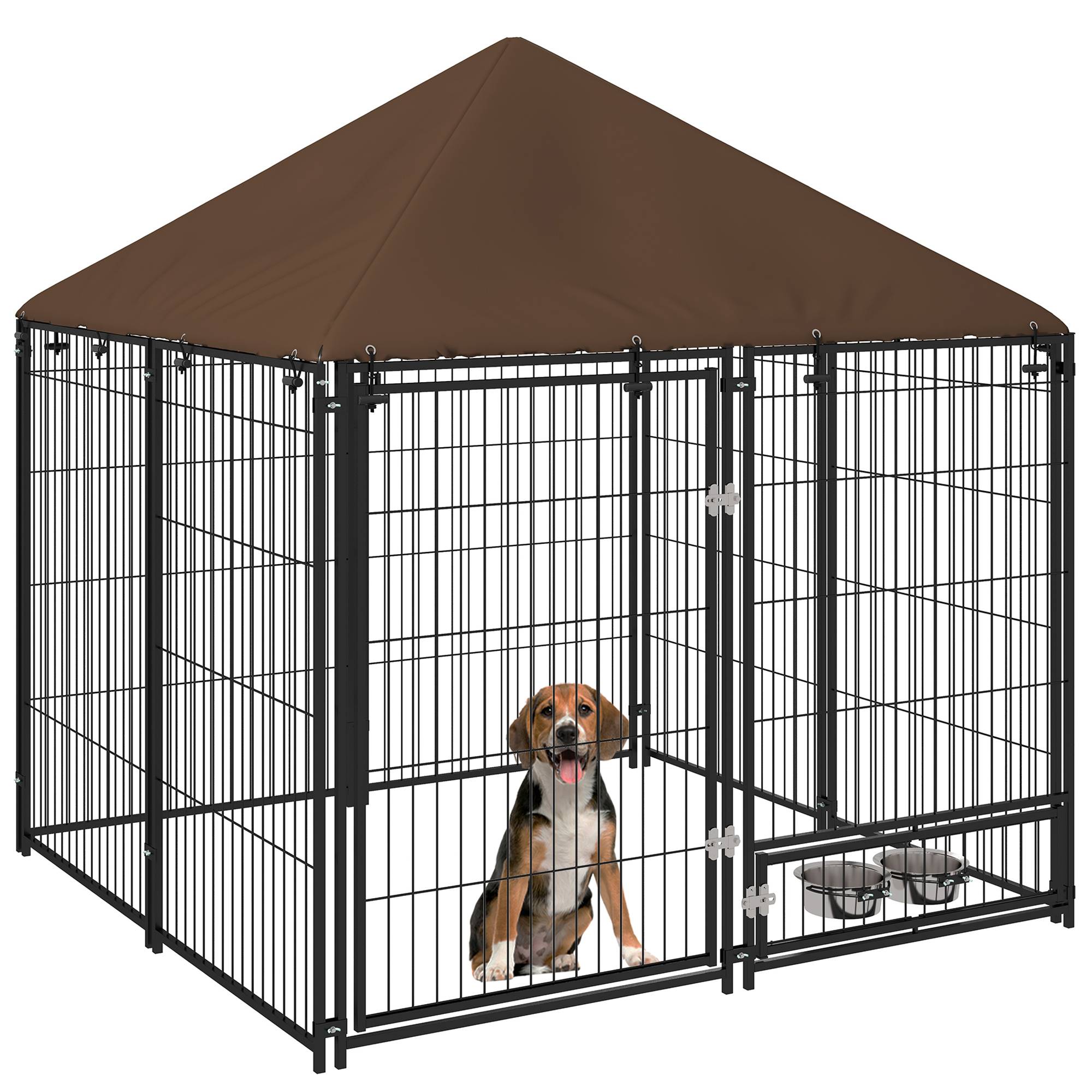 Niche pour chien avec auvent et support à gamelles rotatif, 2 gamelles incluses, 141 x 141 x 151 cm, noire - Image 1