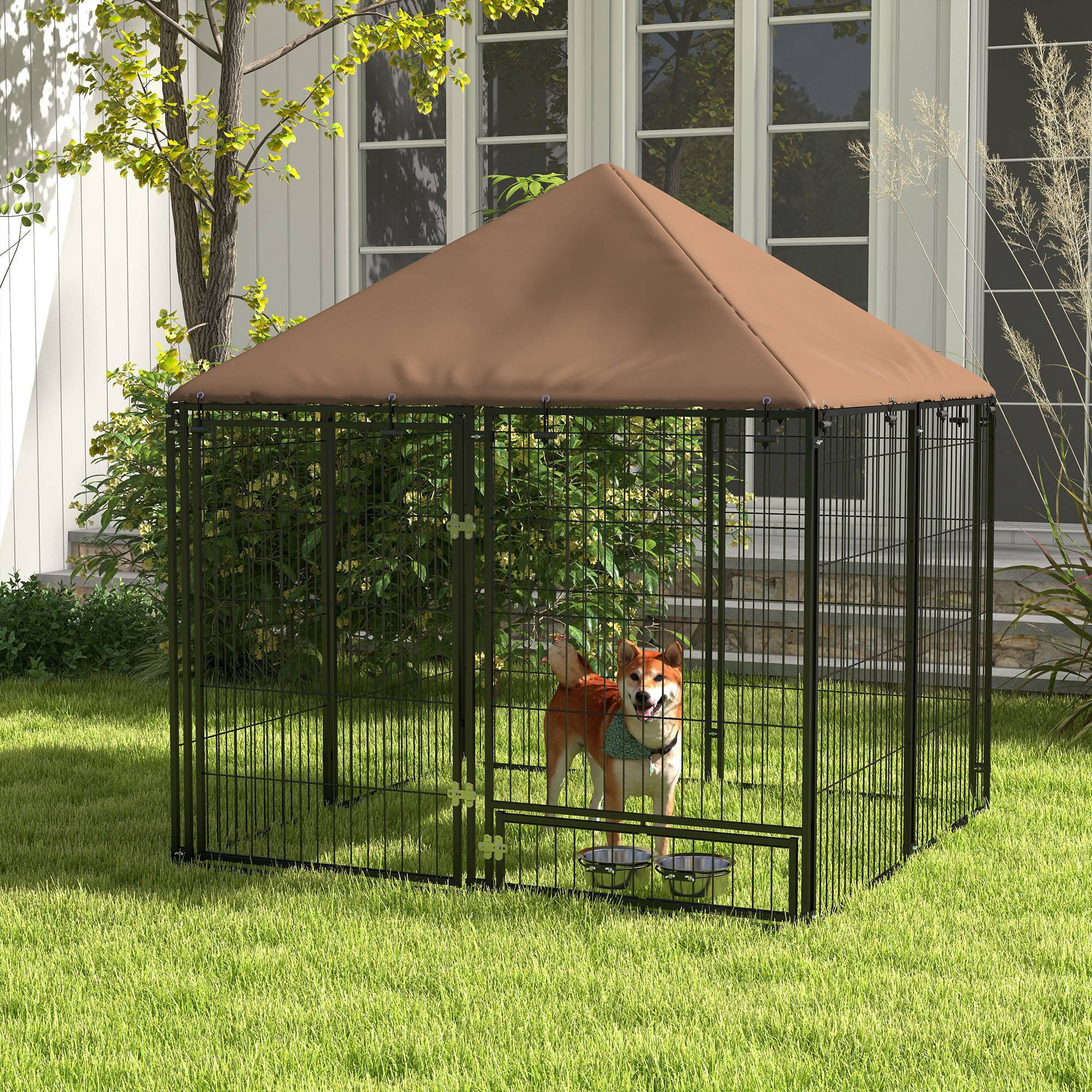 Niche pour chien avec auvent et support à gamelles rotatif, 2 gamelles incluses, 141 x 141 x 151 cm, noire - Image 4