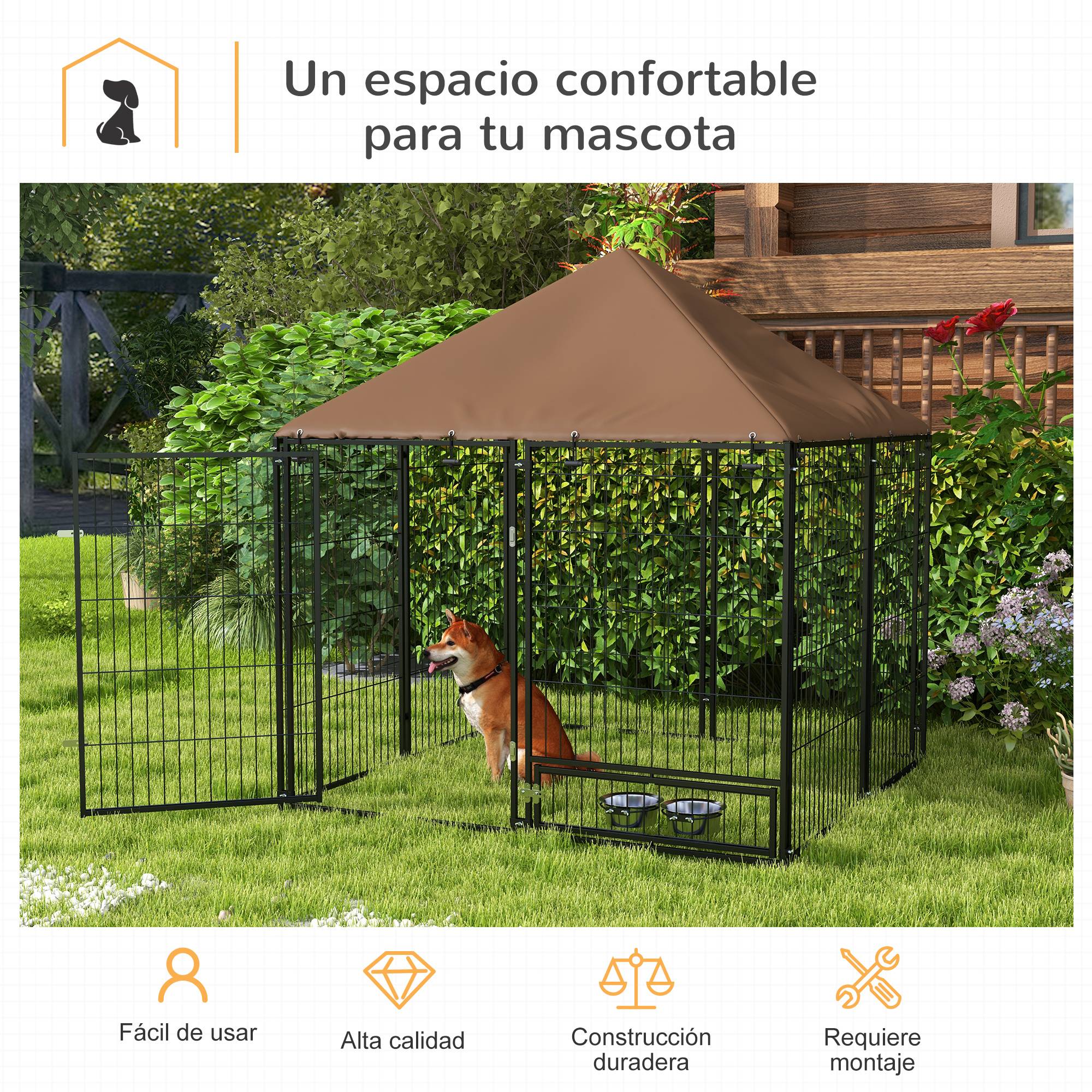 Niche pour chien avec auvent et support à gamelles rotatif, 2 gamelles incluses, 141 x 141 x 151 cm, noire - Image 6