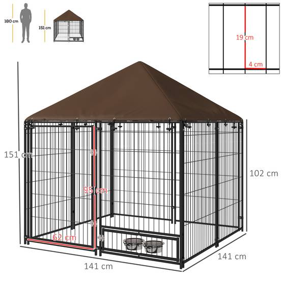 Niche pour chien avec auvent et support à gamelles rotatif, 2 gamelles incluses, 141 x 141 x 151 cm, noire - Image 5