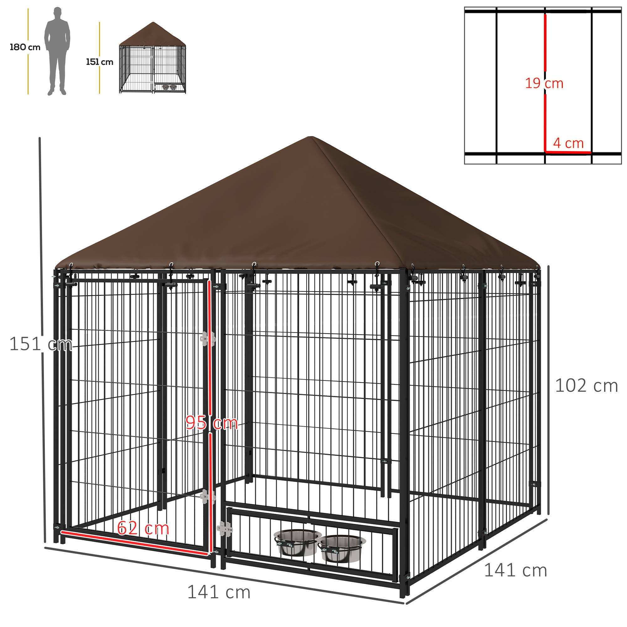 Niche pour chien avec auvent et support à gamelles rotatif, 2 gamelles incluses, 141 x 141 x 151 cm, noire - Image 5