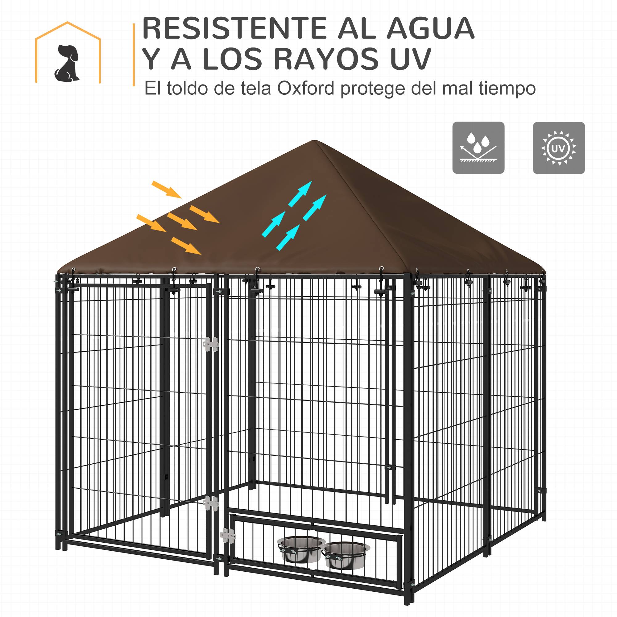 Niche pour chien avec auvent et support à gamelles rotatif, 2 gamelles incluses, 141 x 141 x 151 cm, noire - Image 7