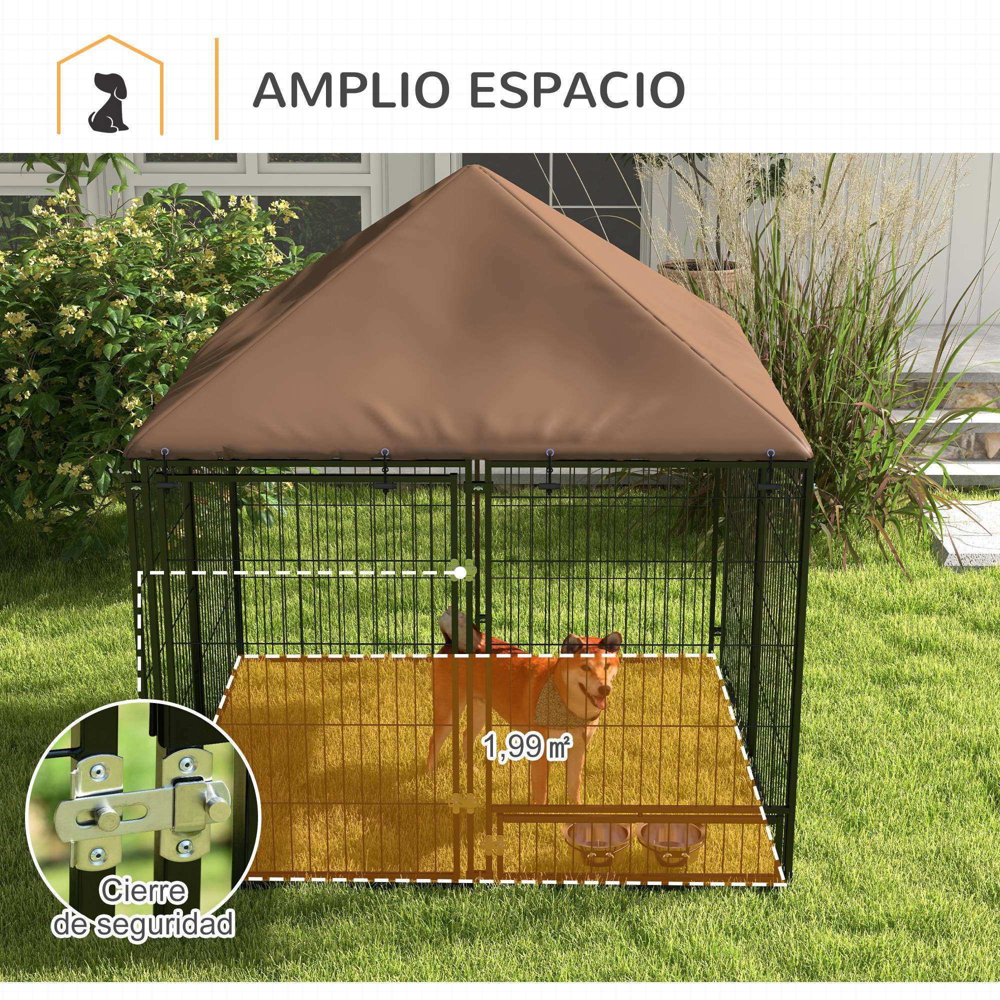 Niche pour chien avec auvent et support à gamelles rotatif, 2 gamelles incluses, 141 x 141 x 151 cm, noire - Image 10