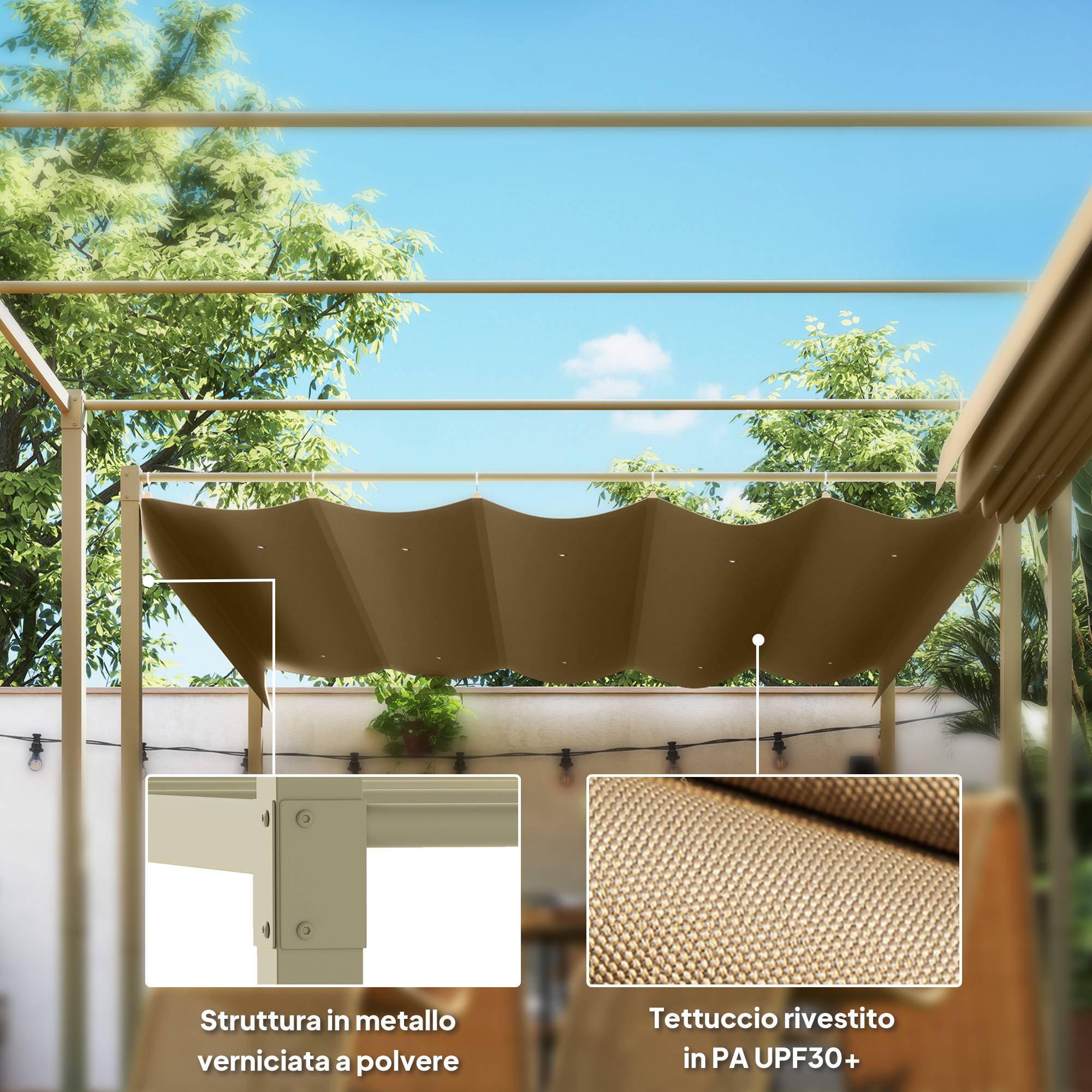 Pergola métal polyester terrasse toit rétractable aimanté protection UV 298x297cm kaki - ComfortXL Outdoor Living - Image 8
