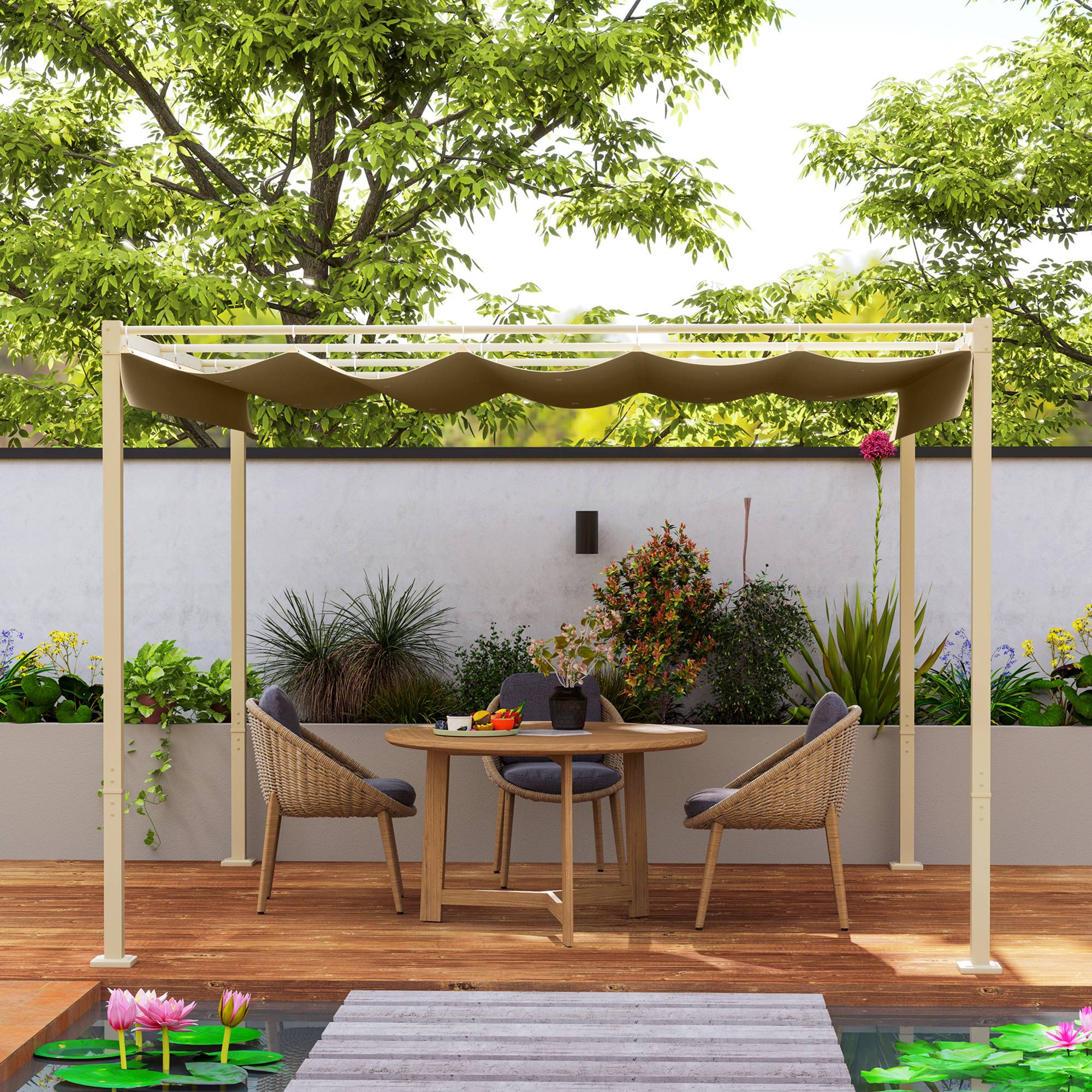 Pergola métal polyester terrasse toit rétractable aimanté protection UV 298x297cm kaki - ComfortXL Outdoor Living - Image 10