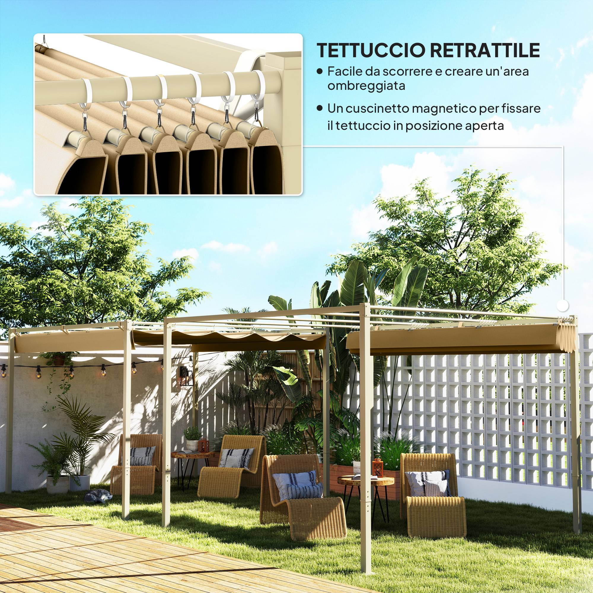 Pergola métal polyester terrasse toit rétractable aimanté protection UV 298x297cm kaki - ComfortXL Outdoor Living - Image 6