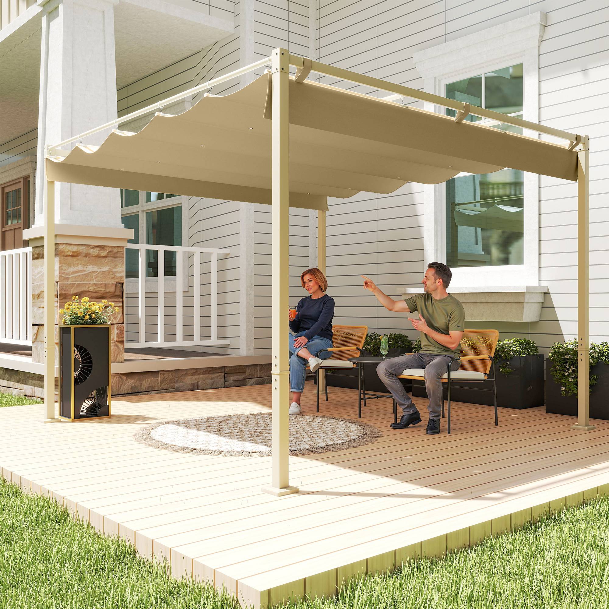 Pergola métal polyester terrasse toit rétractable aimanté protection UV 298x297cm kaki - ComfortXL Outdoor Living - Image 3