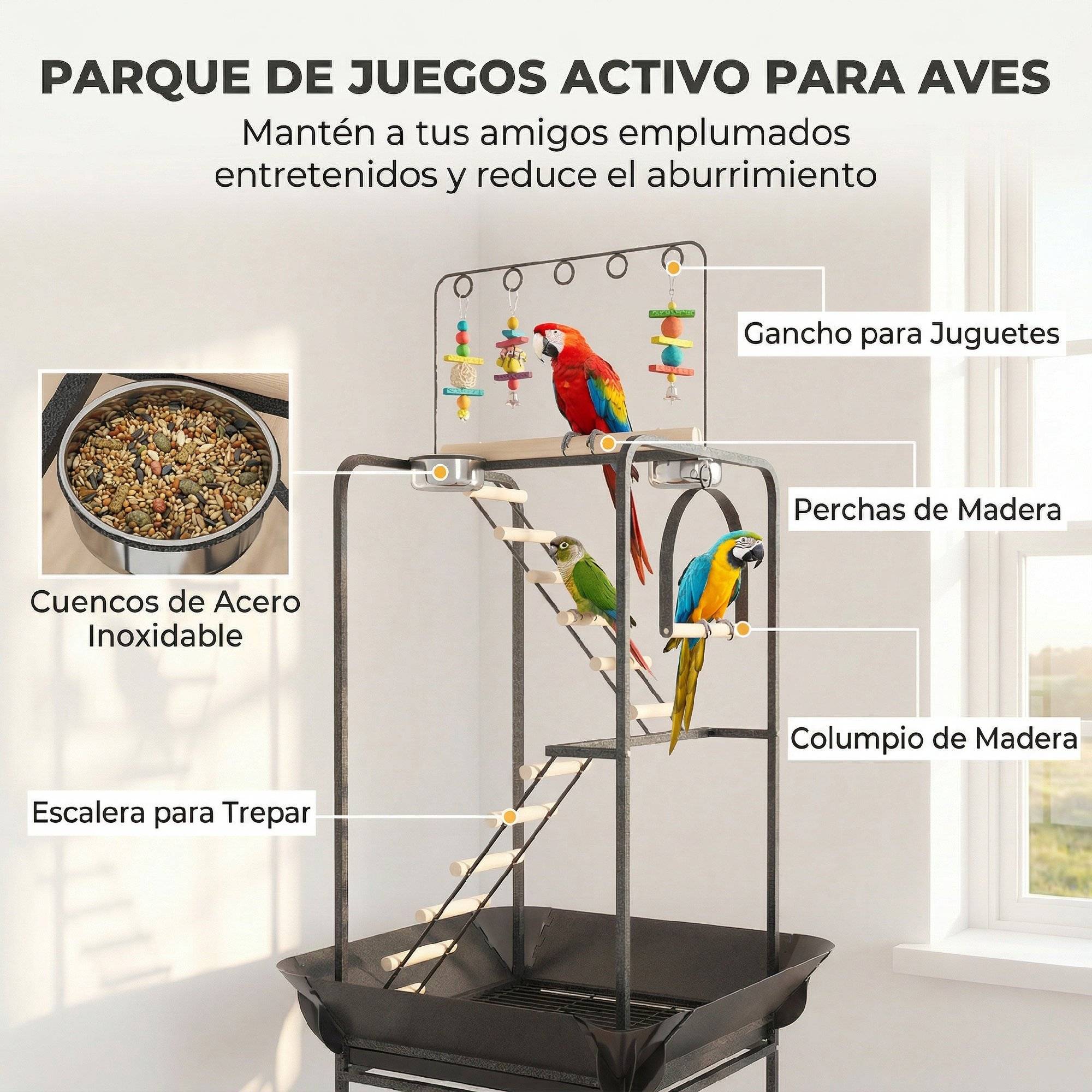 Parc de jeux pour oiseaux avec roues, échelles, balançoire, pare-graines, bac, mangeoires et perchoirs, 63x63x163 cm - Image 6